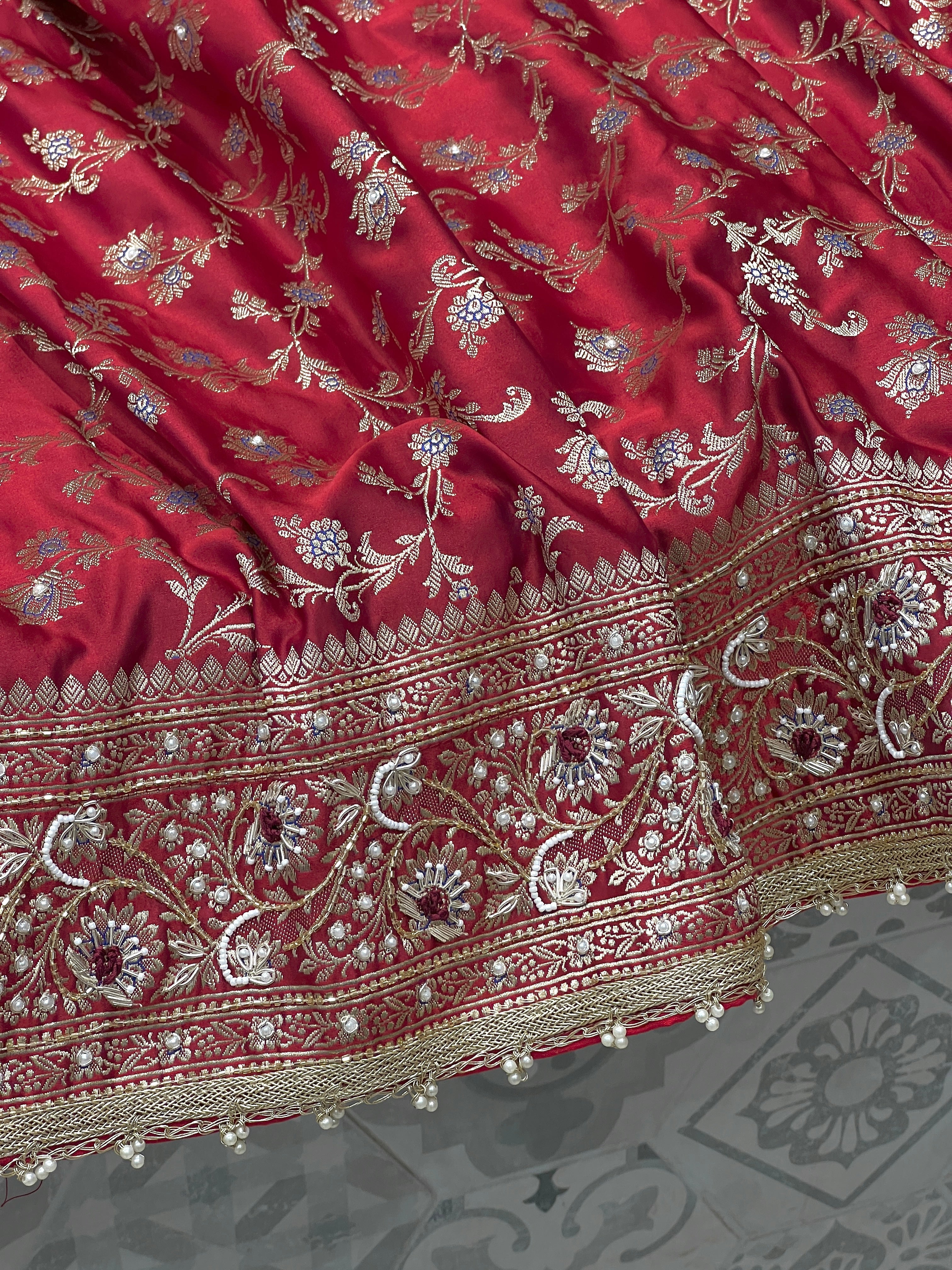 Maroon Banarasi Upside Down Border Hand Embroidery Saree