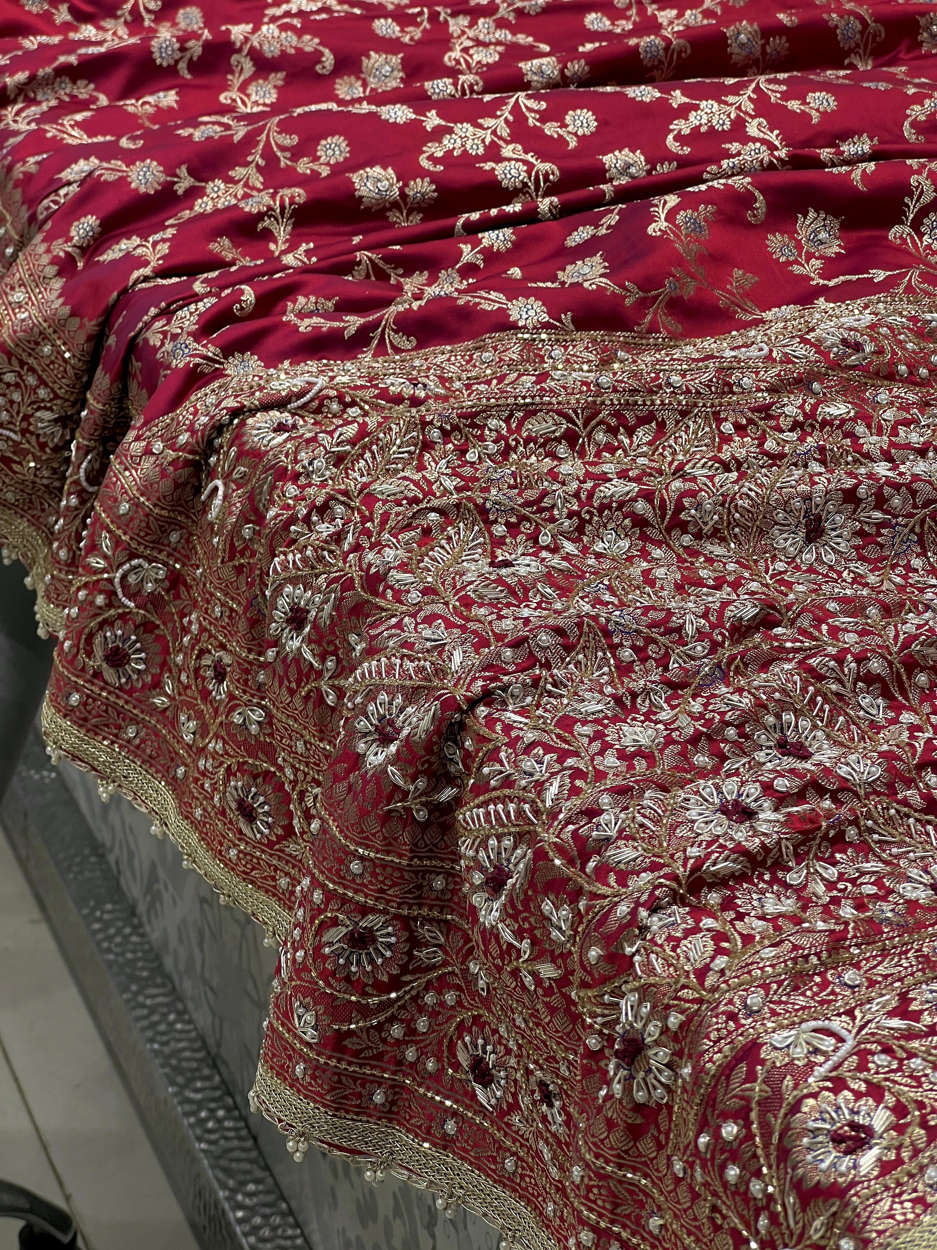 Maroon Banarasi Upside Down Border Hand Embroidery Saree