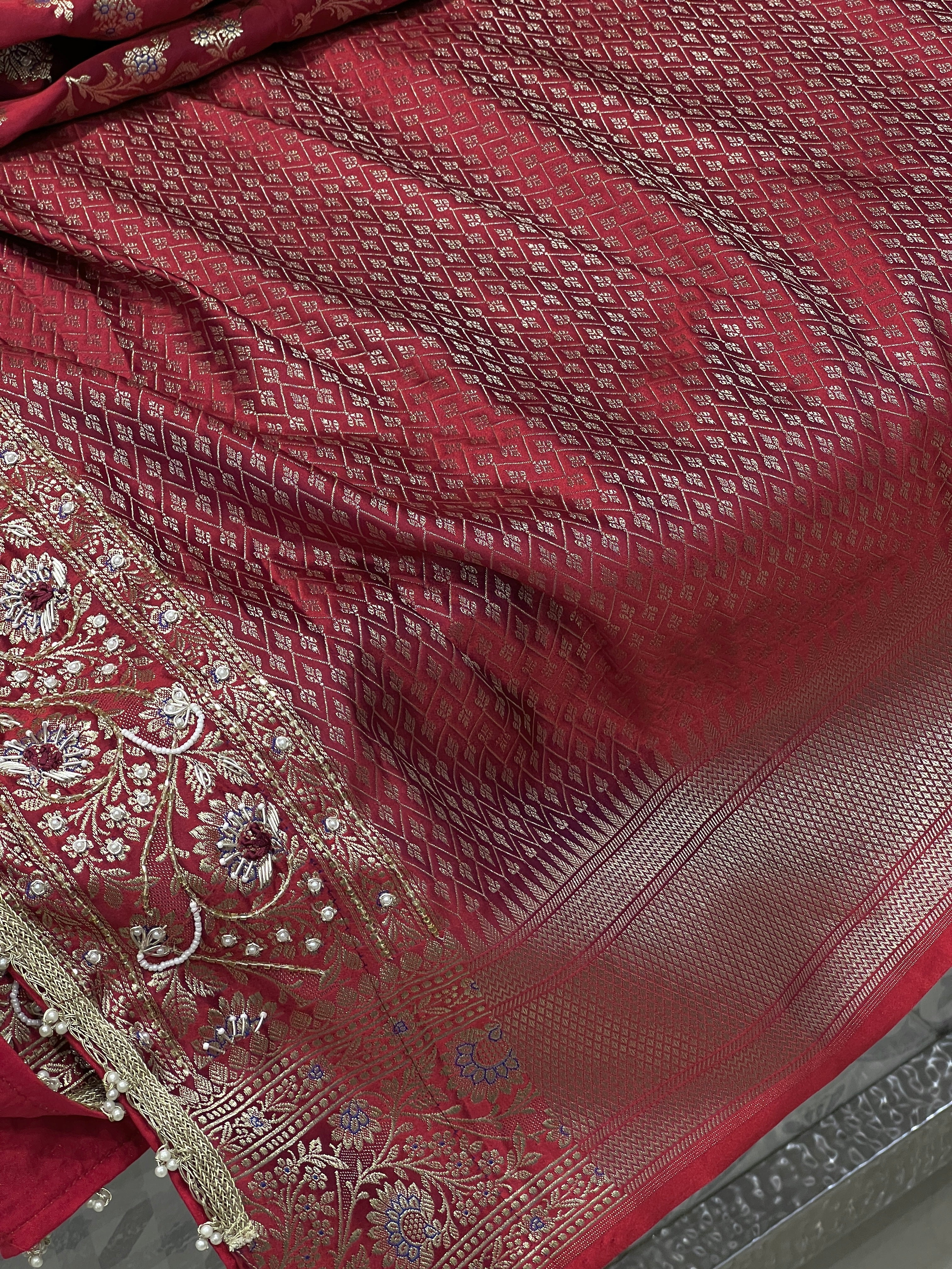Maroon Banarasi Upside Down Border Hand Embroidery Saree
