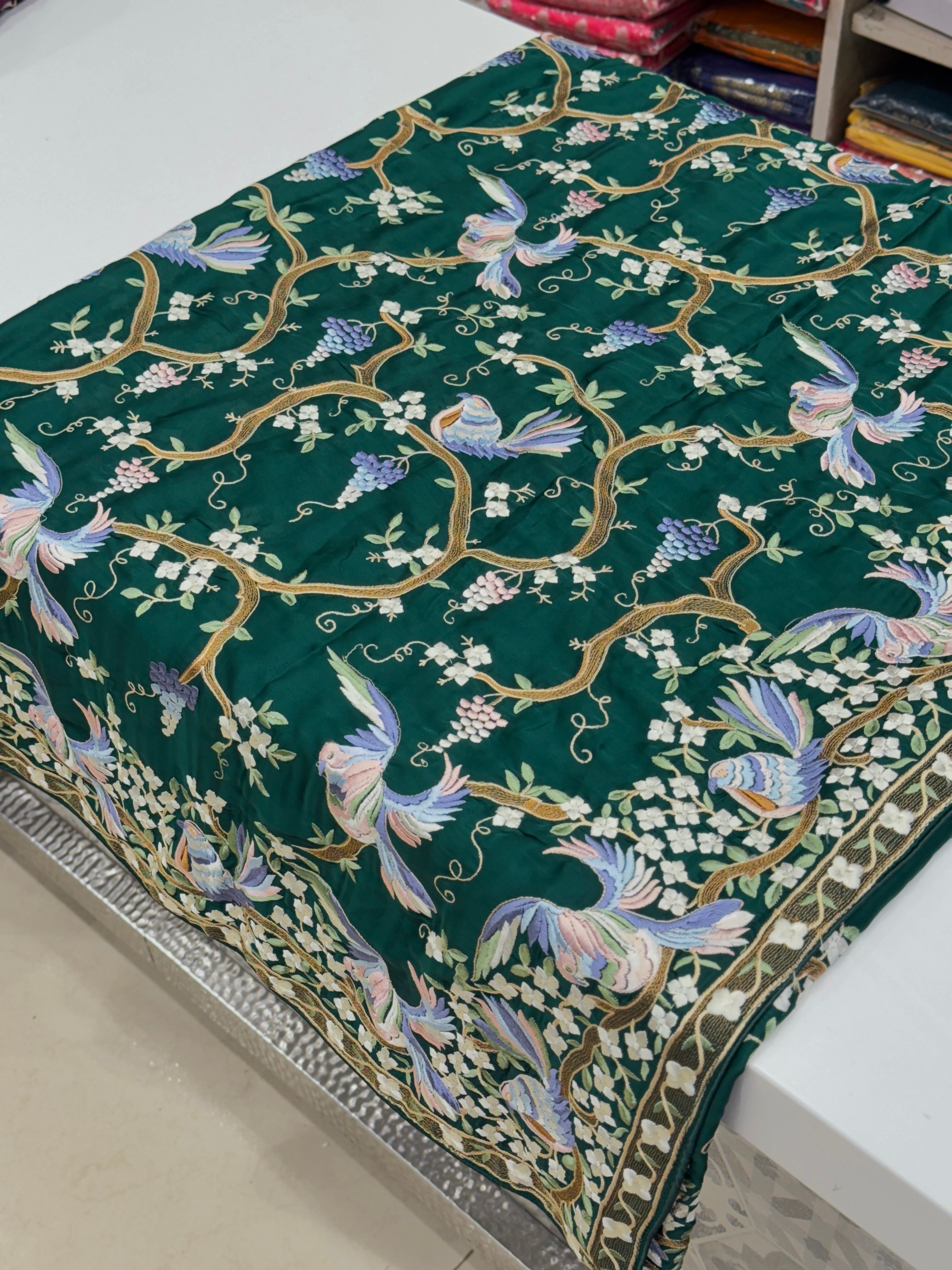 Bottle Green Crepe Parsi Gara Jaal Chakla Chakli Saree