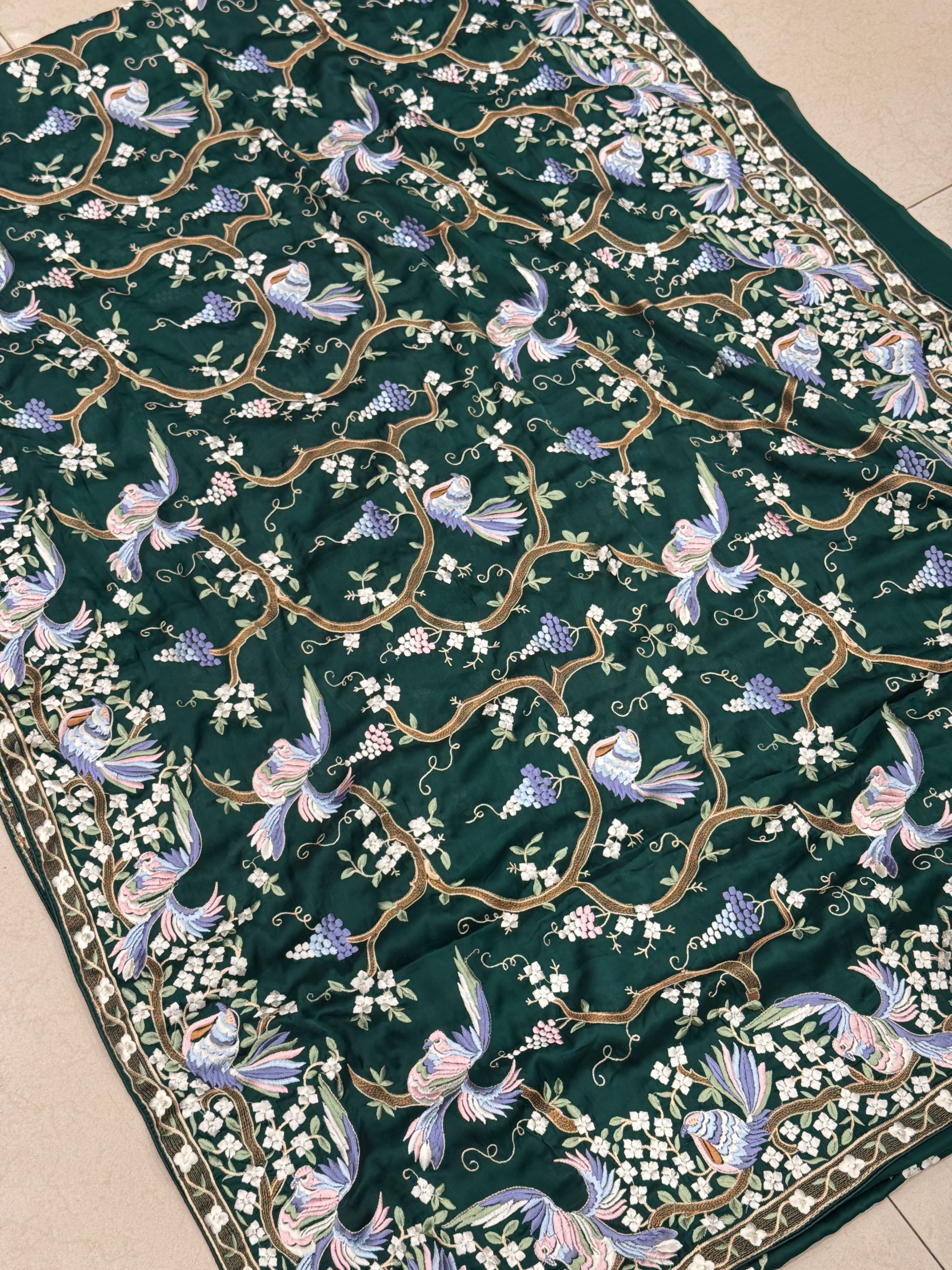 Bottle Green Crepe Parsi Gara Jaal Chakla Chakli Saree