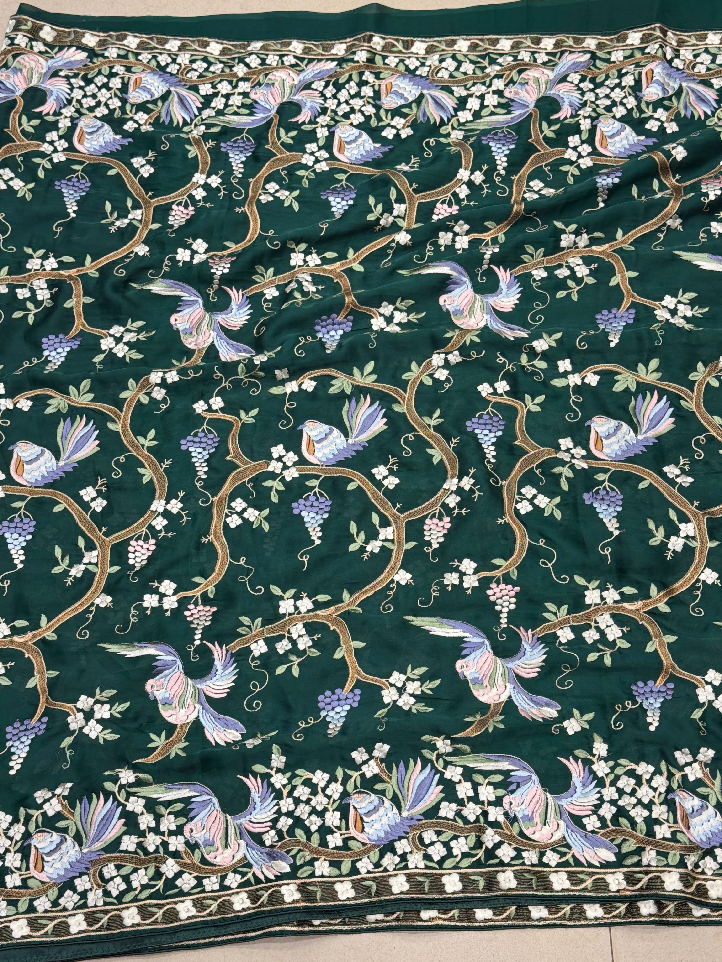 Bottle Green Crepe Parsi Gara Jaal Chakla Chakli Saree