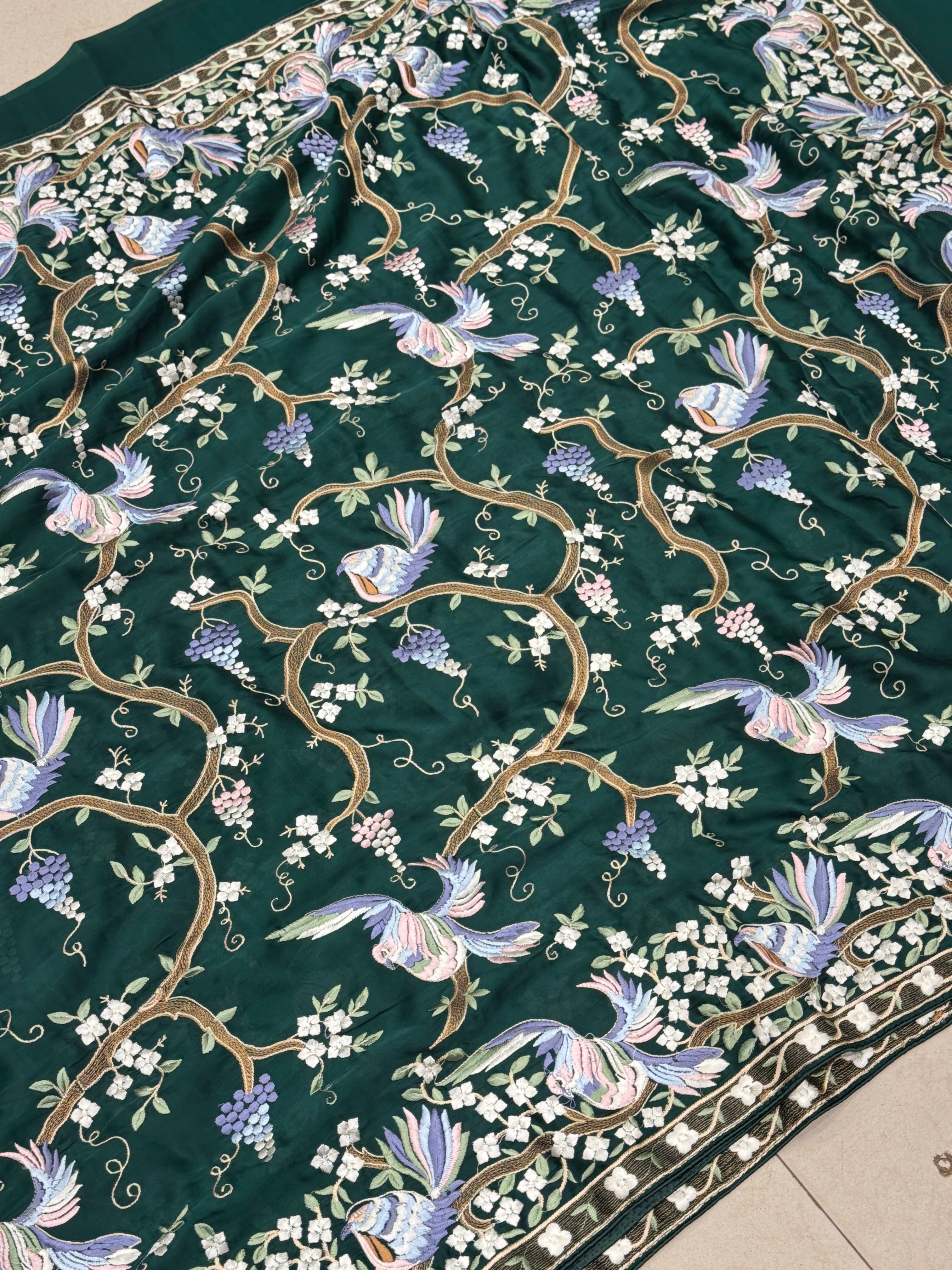 Bottle Green Crepe Parsi Gara Jaal Chakla Chakli Saree