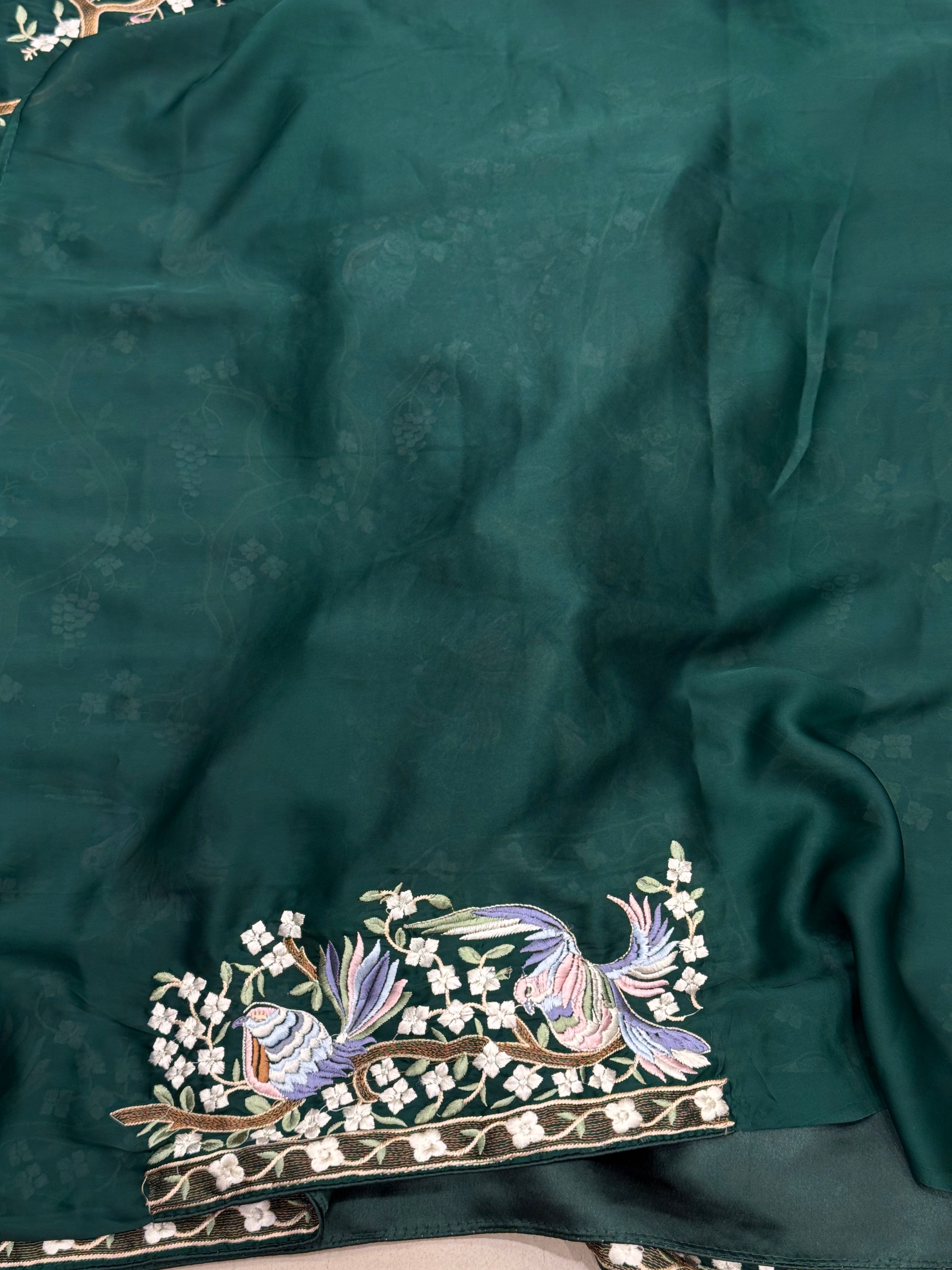 Bottle Green Crepe Parsi Gara Jaal Chakla Chakli Saree