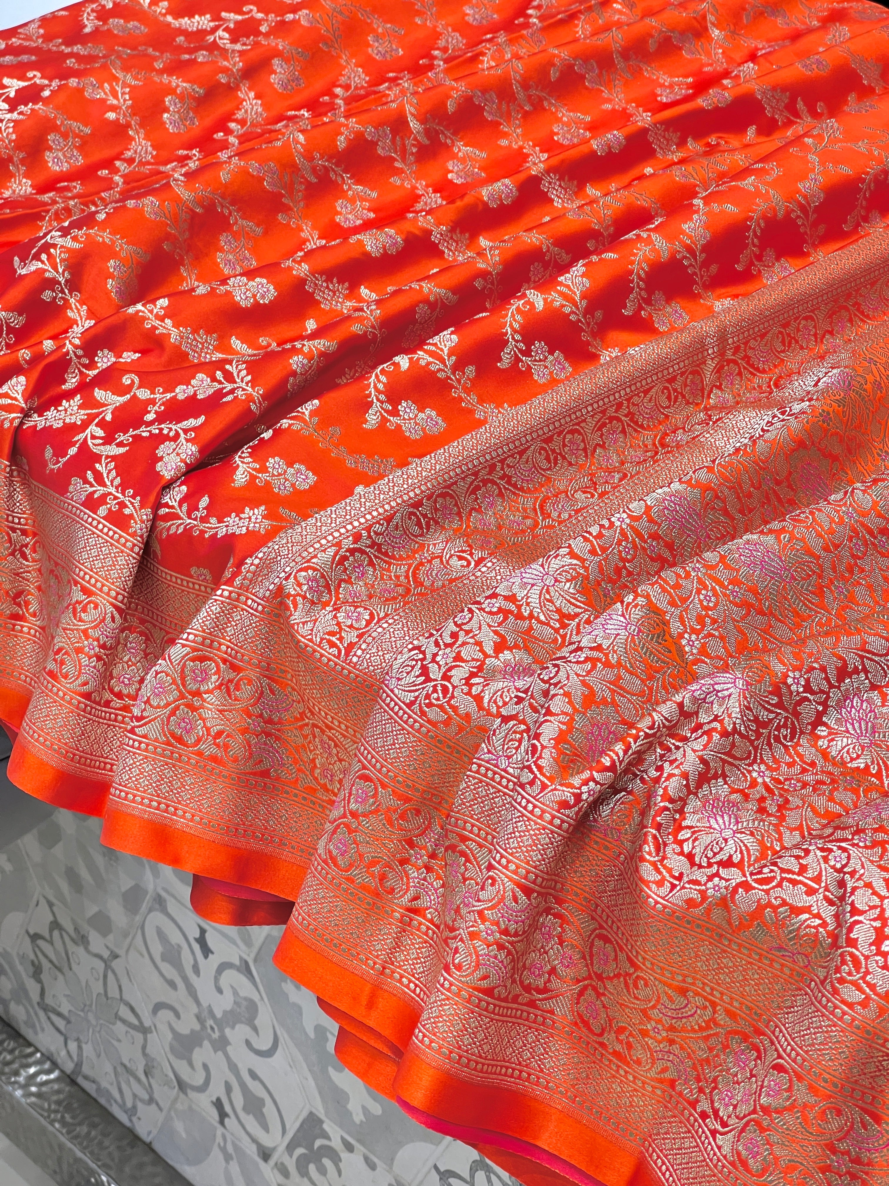 Orange Banarasi Silk Floret Border Saree