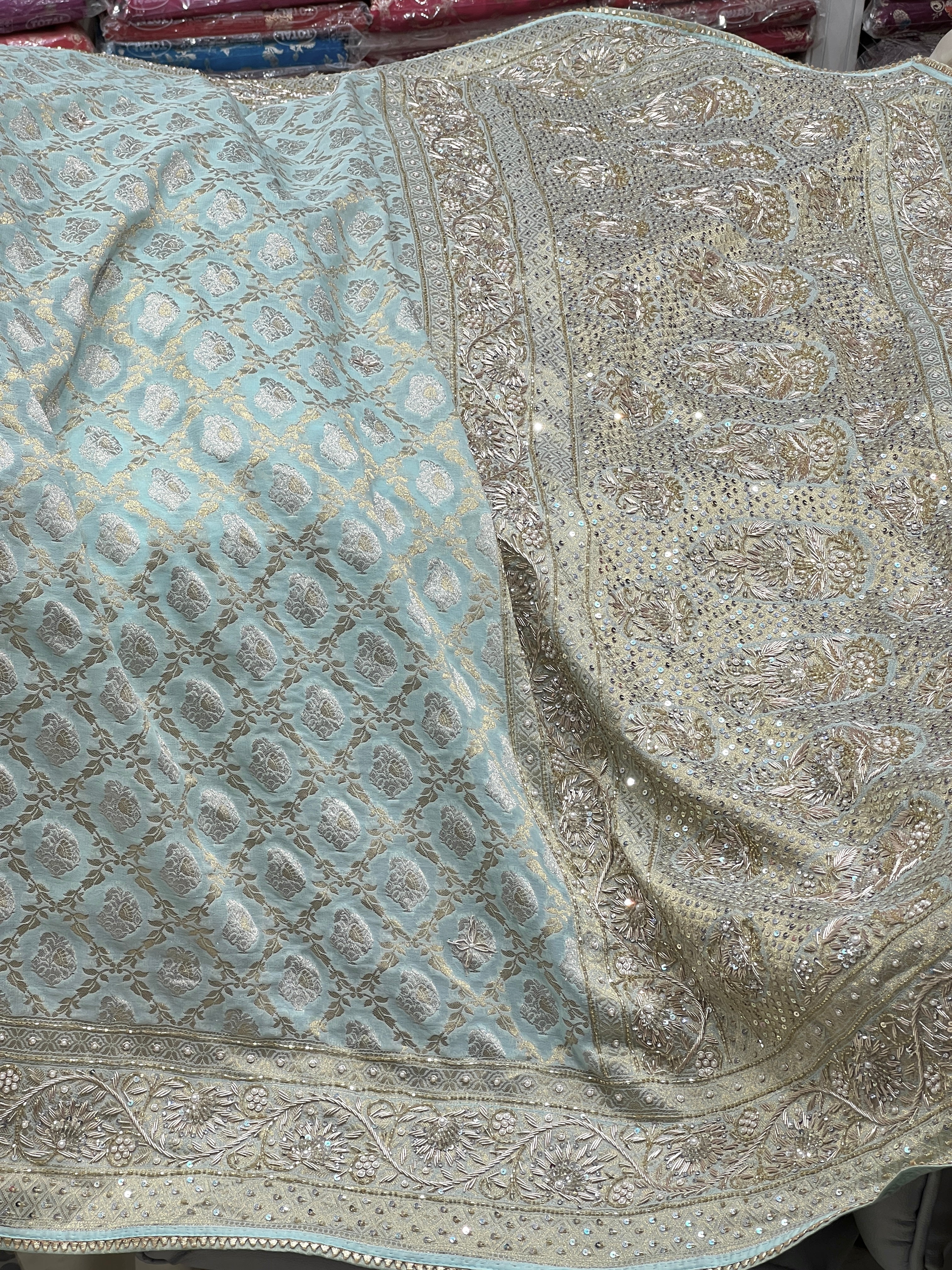 Pastel Blue Georgette Zardozi Hand Embroidery Saree