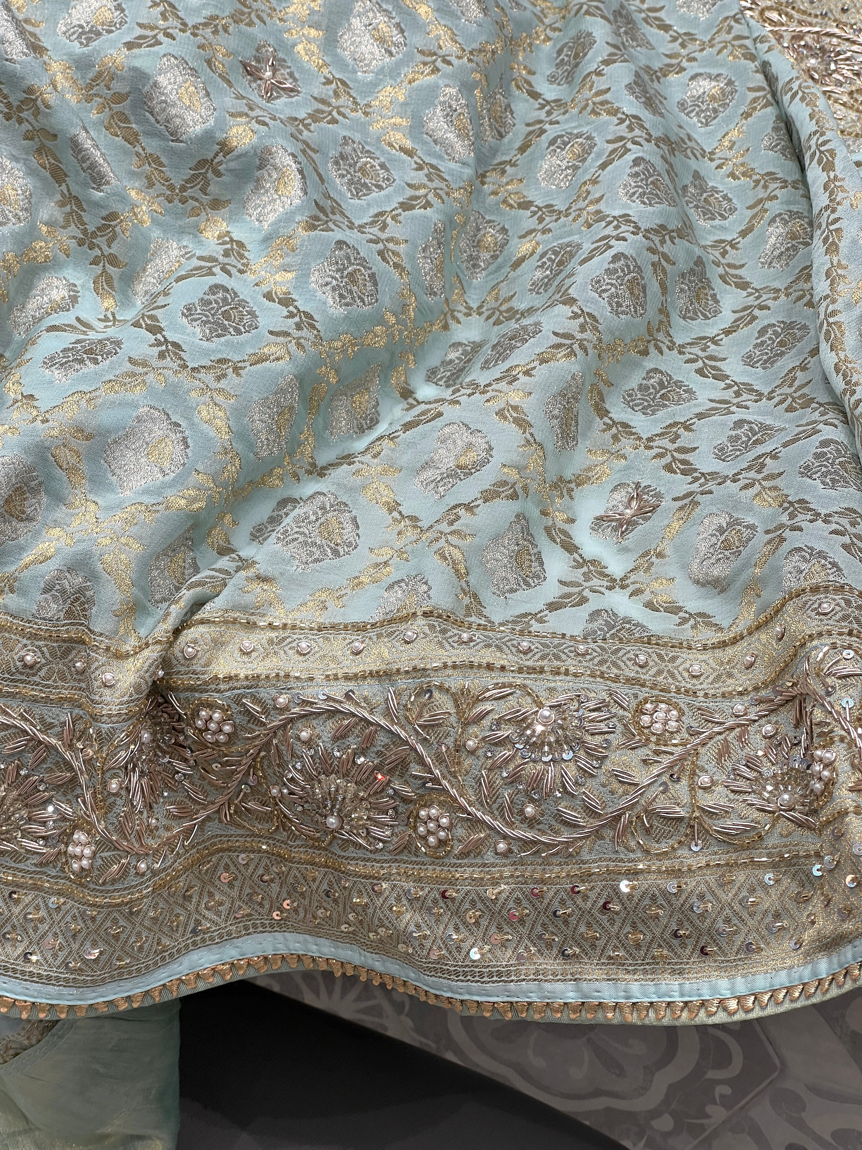 Pastel Blue Georgette Zardozi Hand Embroidery Saree