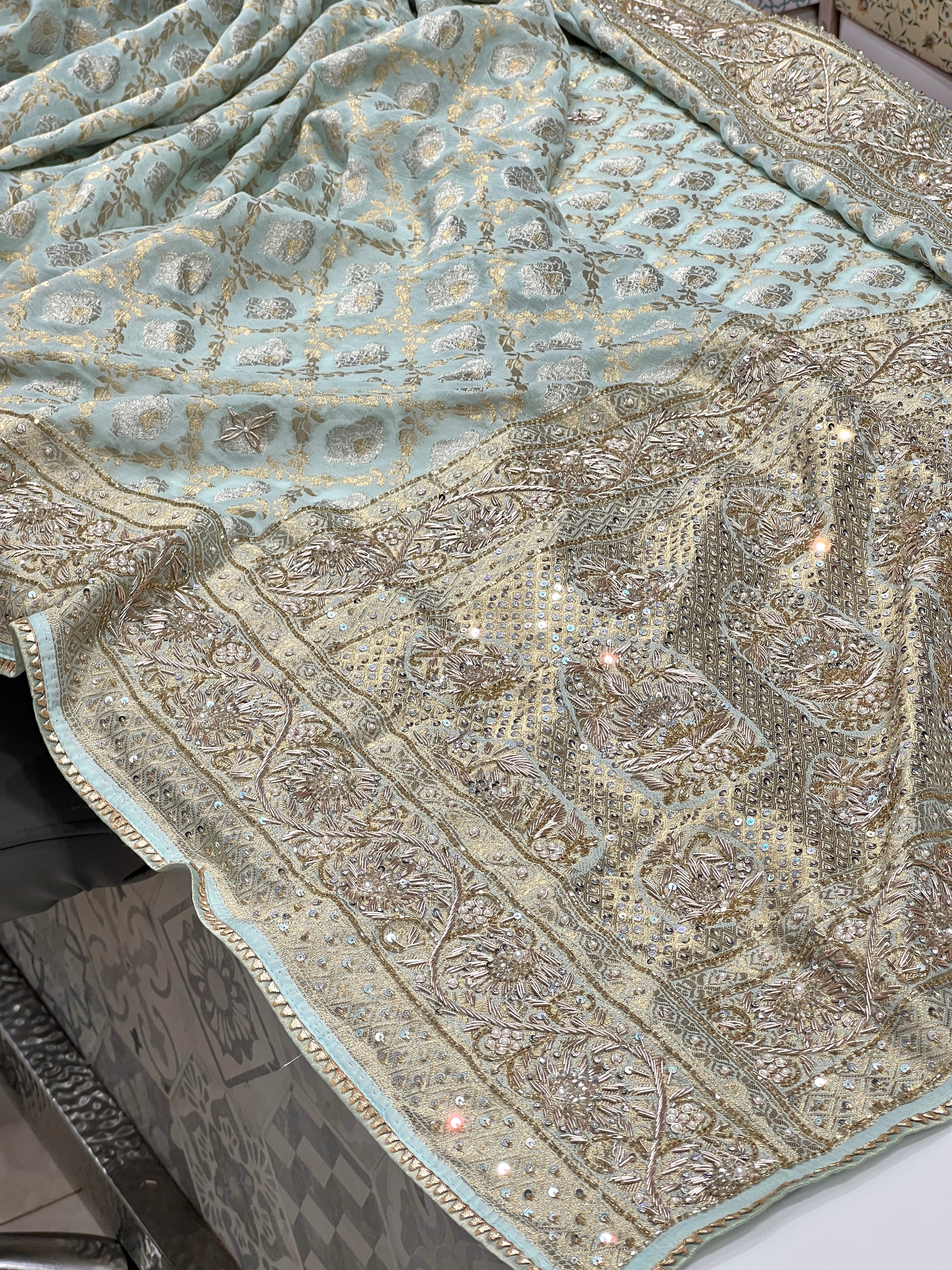 Pastel Blue Georgette Zardozi Hand Embroidery Saree