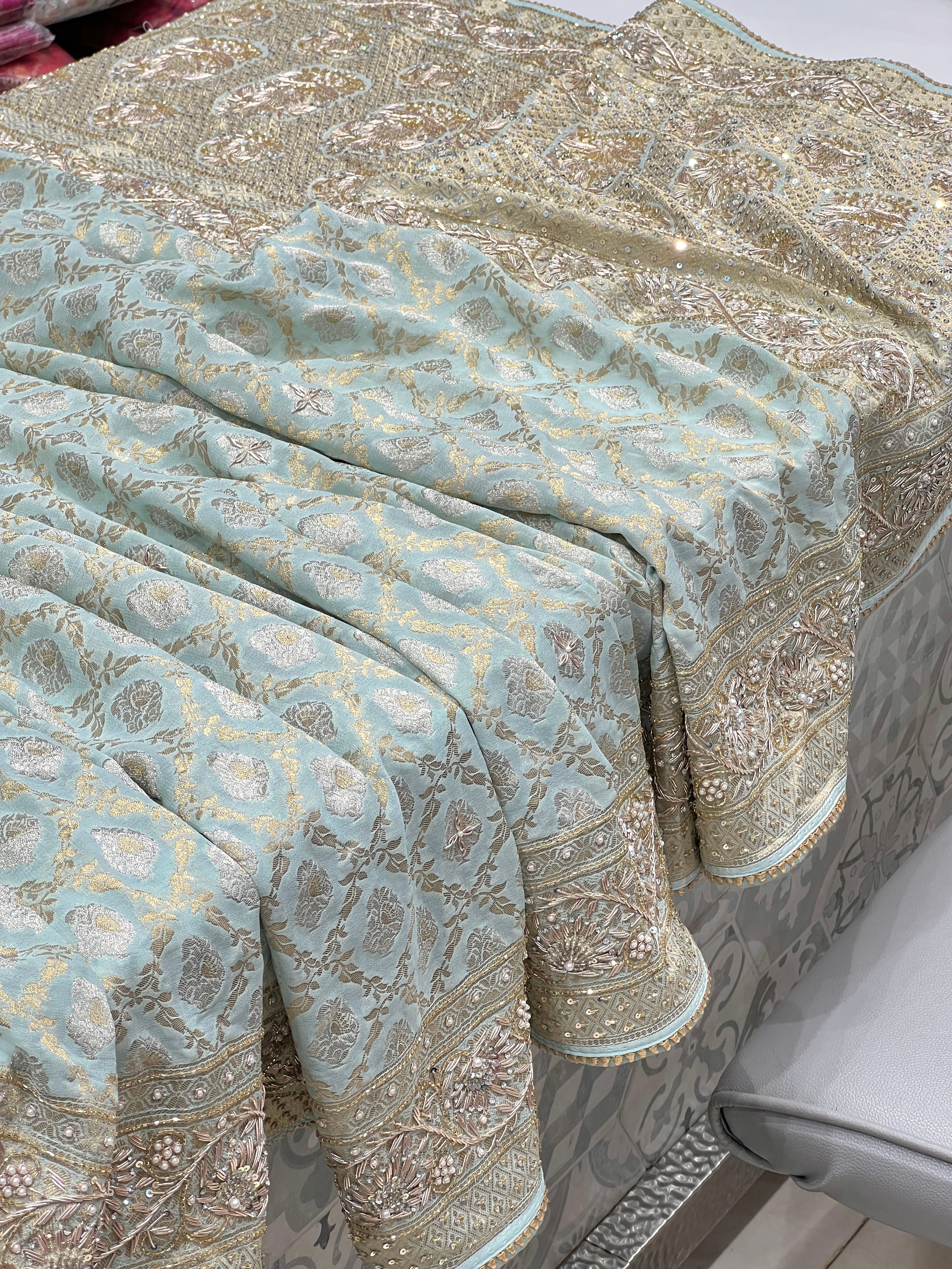 Pastel Blue Georgette Zardozi Hand Embroidery Saree