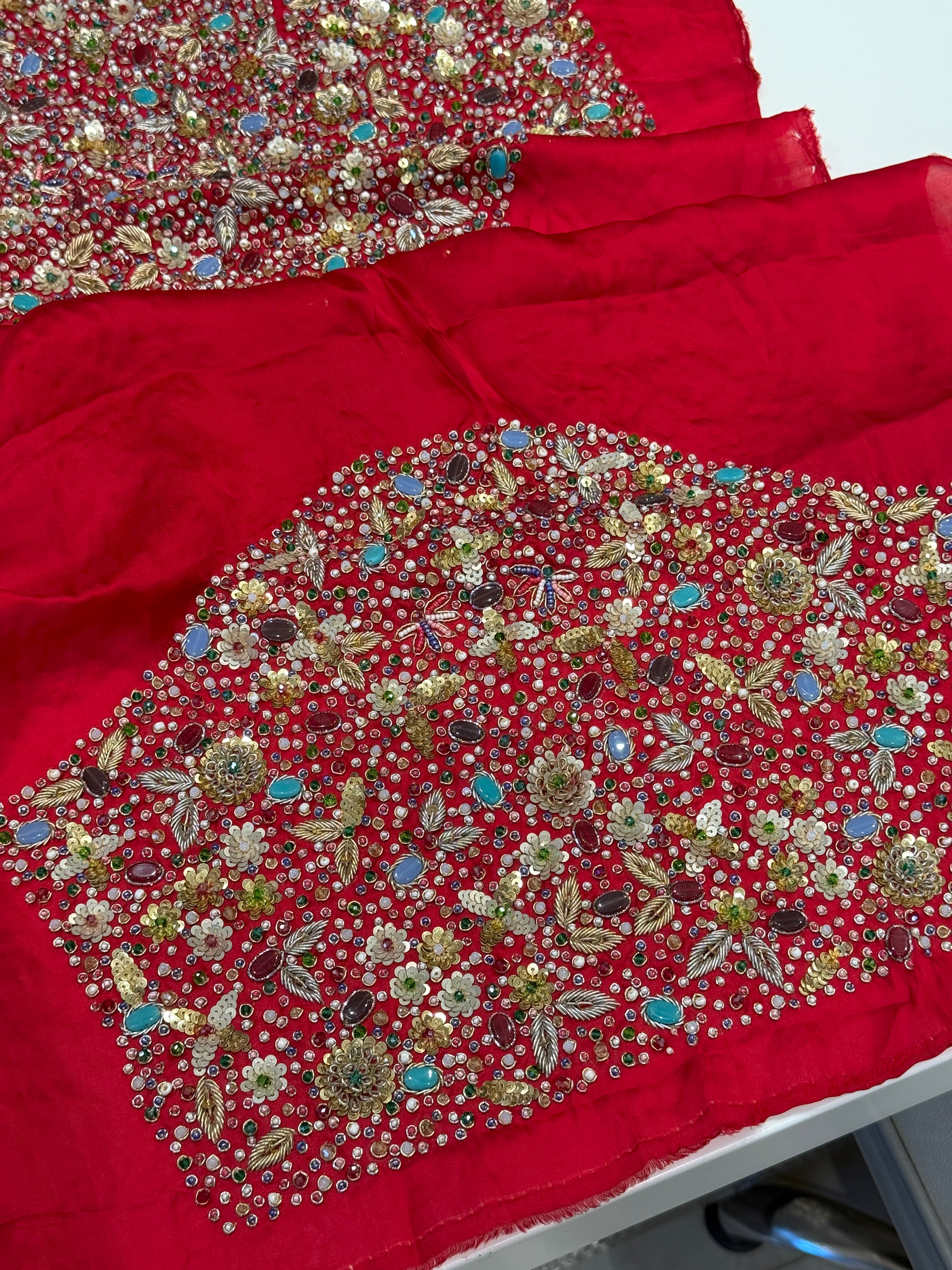 Red Isha Ambani Inspired Satin Organza Saree with Semi Precious Stones Heavy Blouse