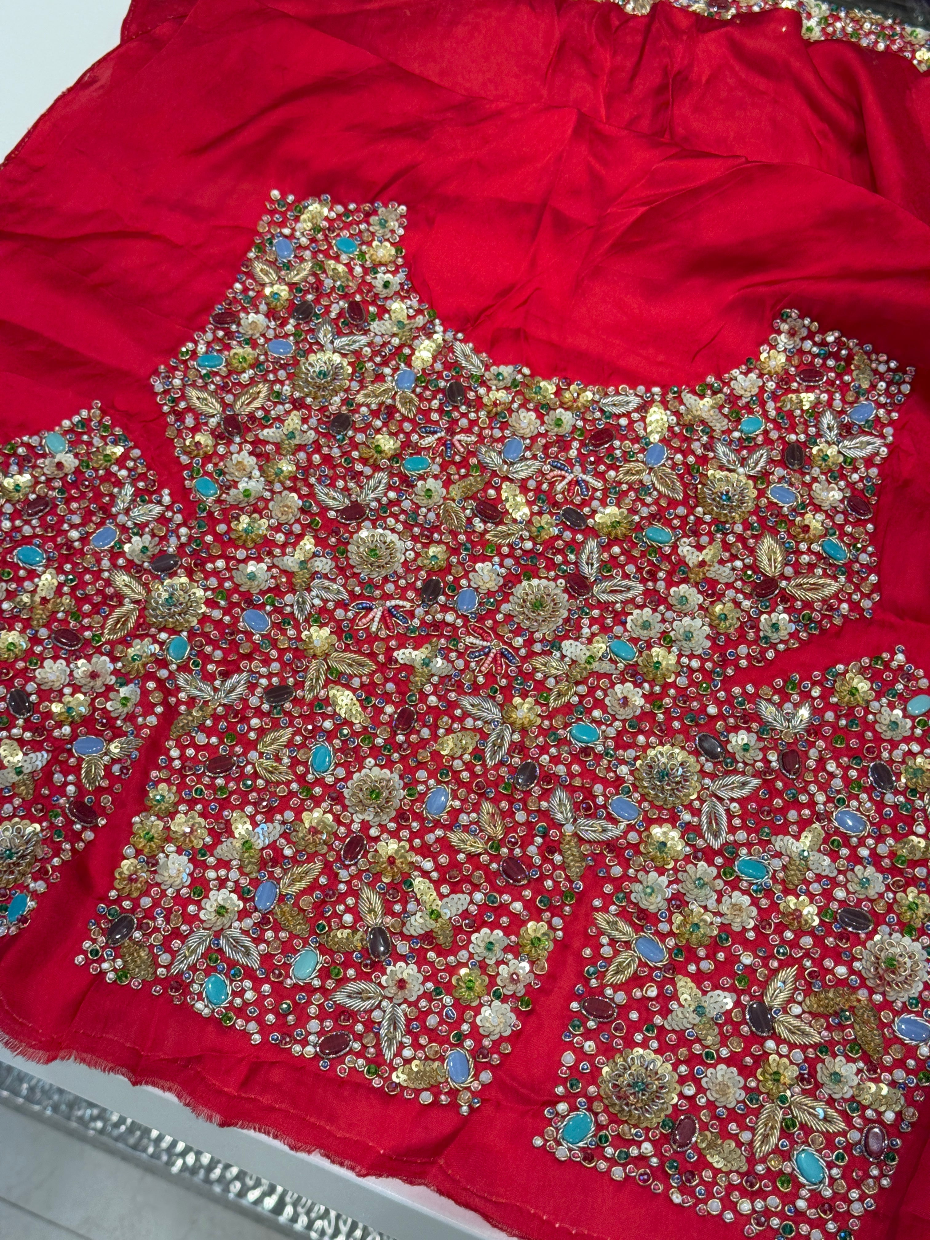 Red Isha Ambani Inspired Satin Organza Saree with Semi Precious Stones Heavy Blouse