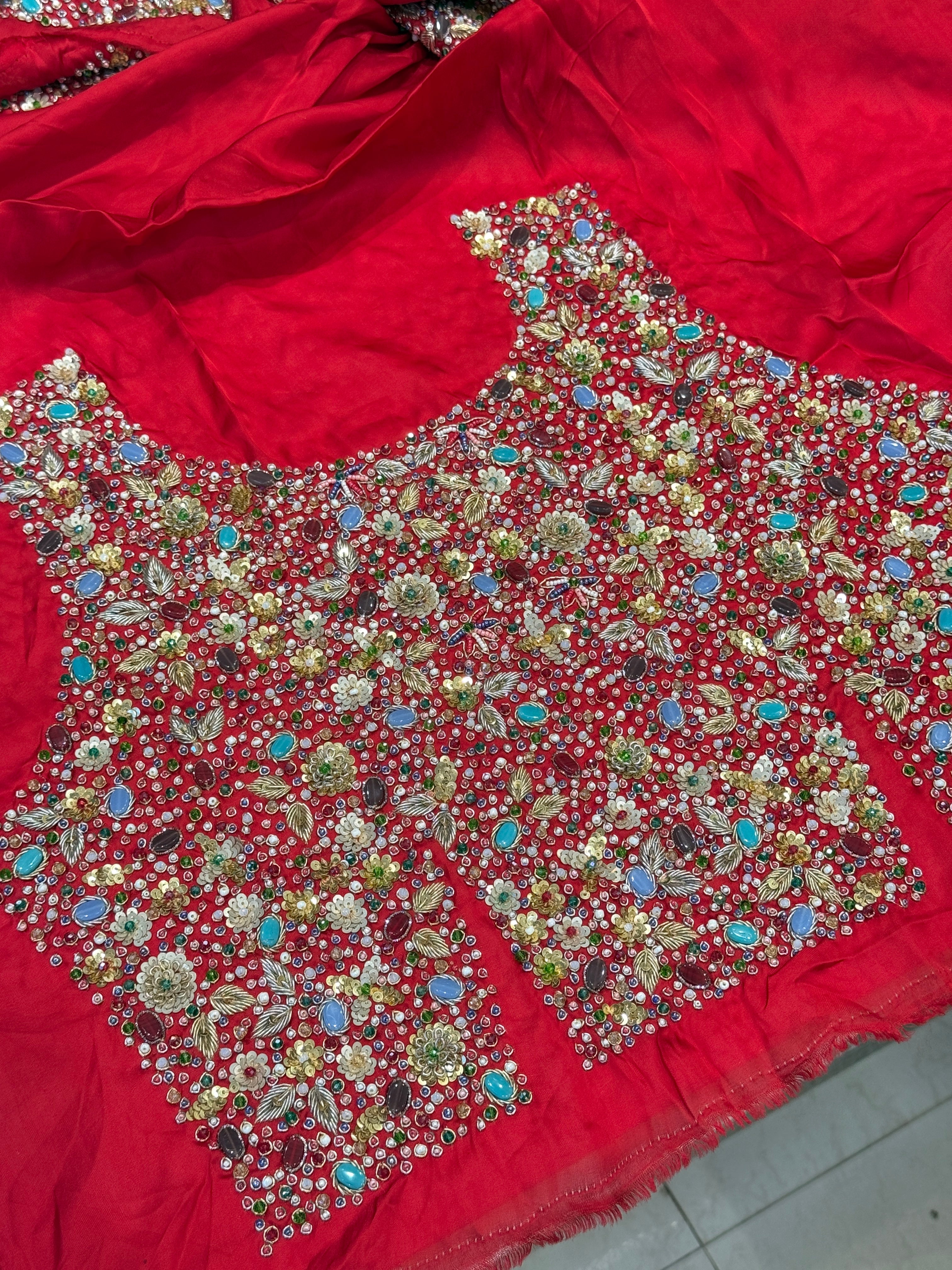 Red Isha Ambani Inspired Satin Organza Saree with Semi Precious Stones Heavy Blouse