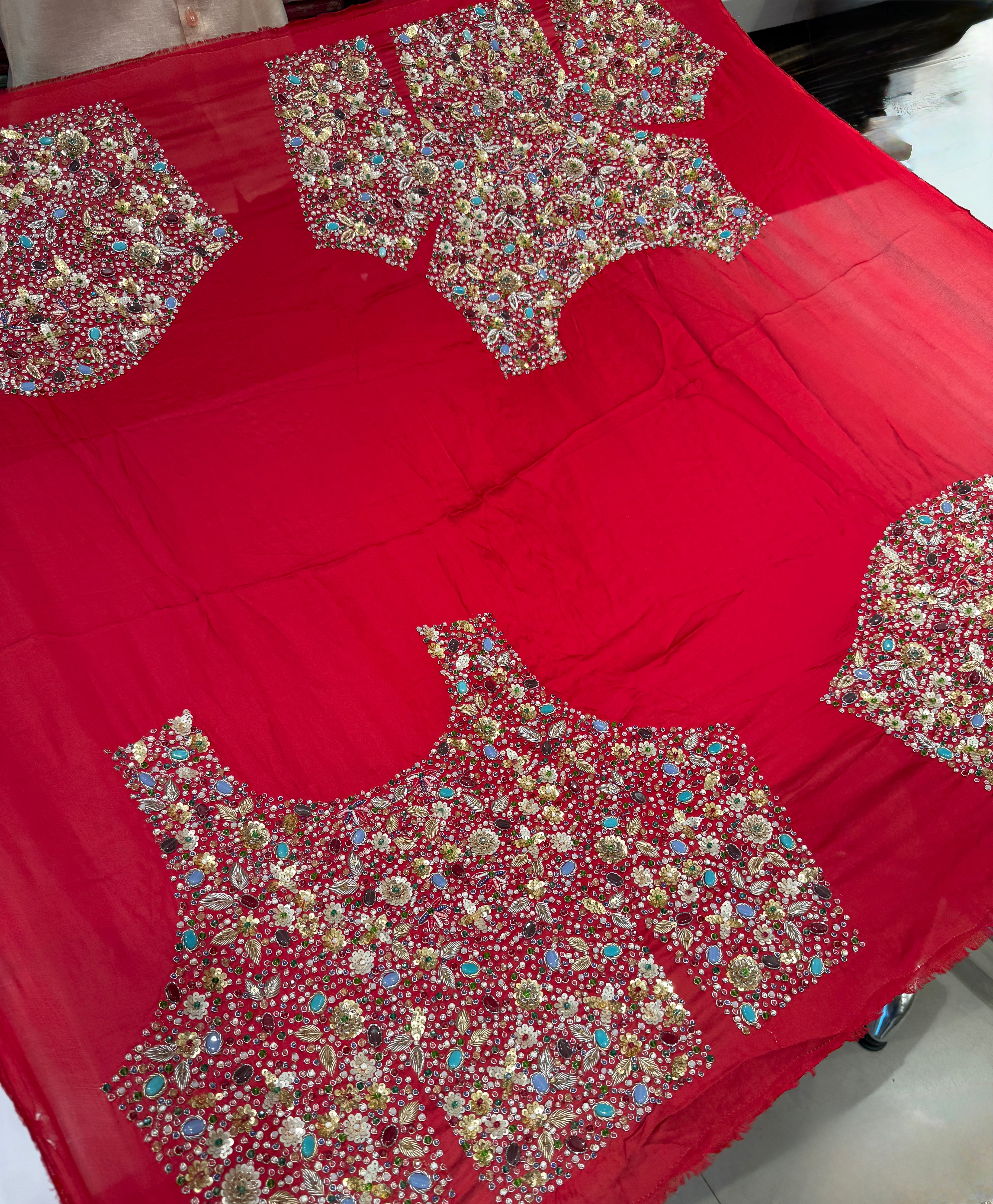 Red Isha Ambani Inspired Satin Organza Saree with Semi Precious Stones Heavy Blouse