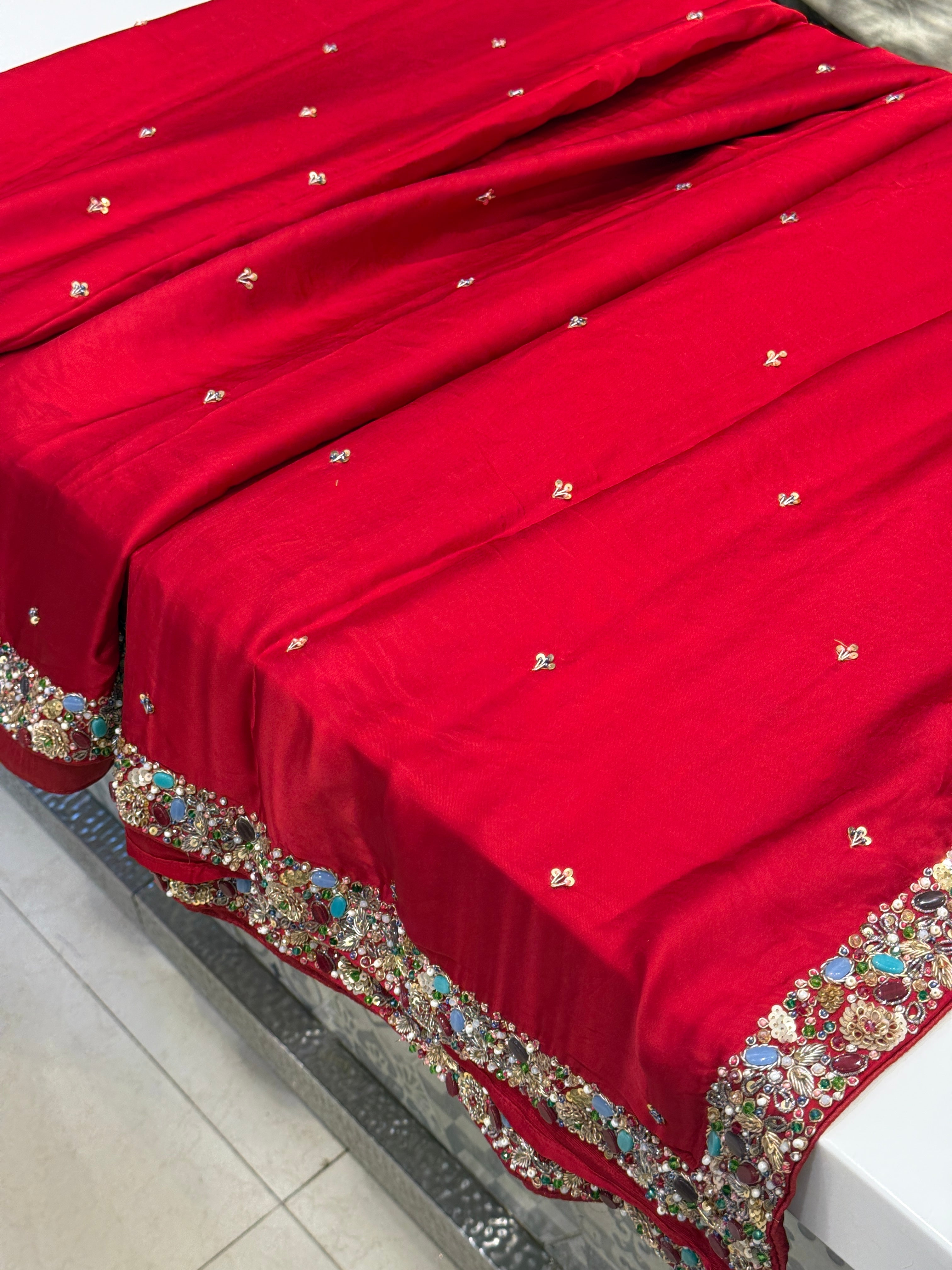Red Isha Ambani Inspired Satin Organza Saree with Semi Precious Stones Heavy Blouse