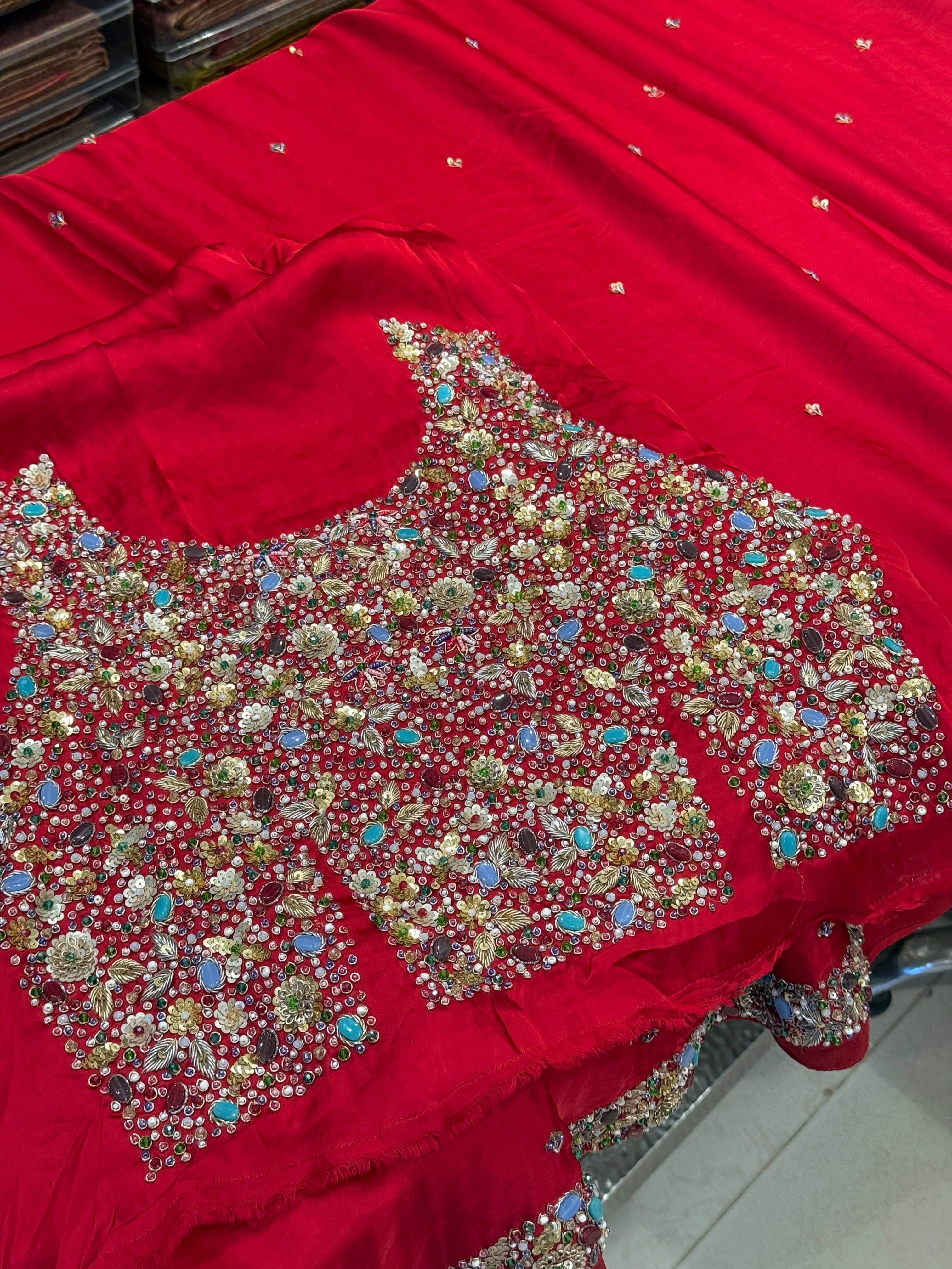 Red Isha Ambani Inspired Satin Organza Saree with Semi Precious Stones Heavy Blouse