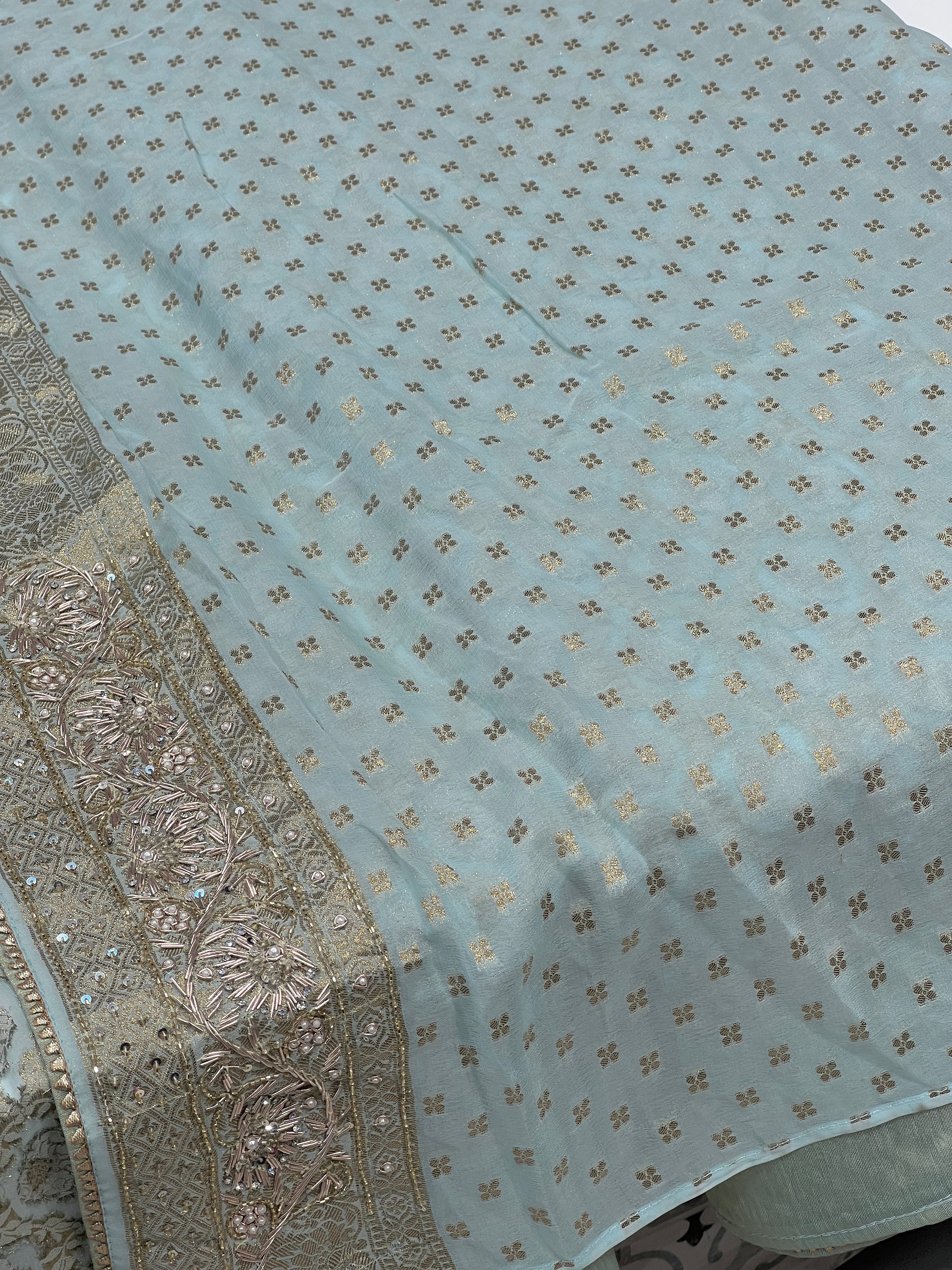 Pastel Blue Georgette Zardozi Hand Embroidery Saree