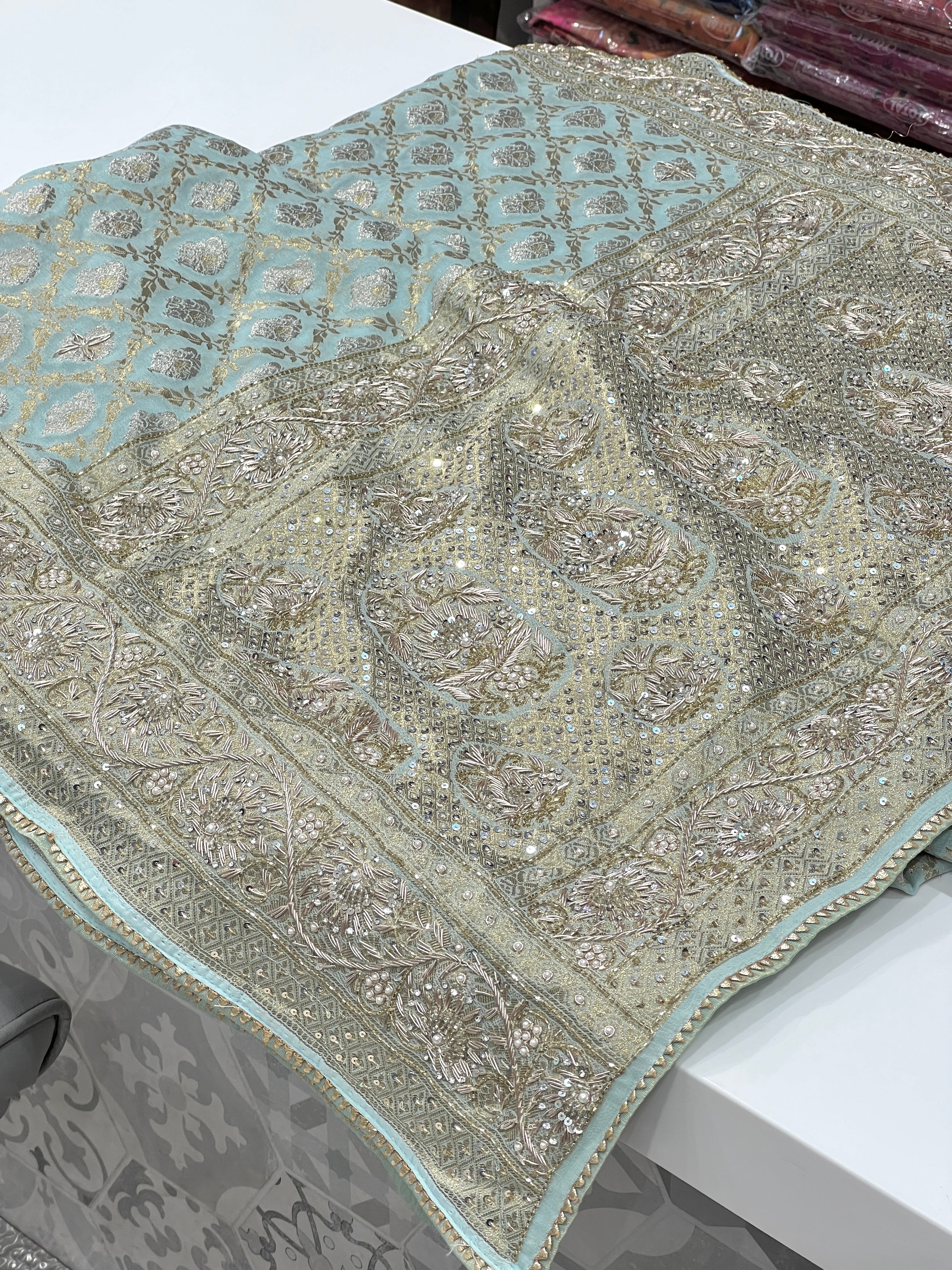 Pastel Blue Georgette Zardozi Hand Embroidery Saree