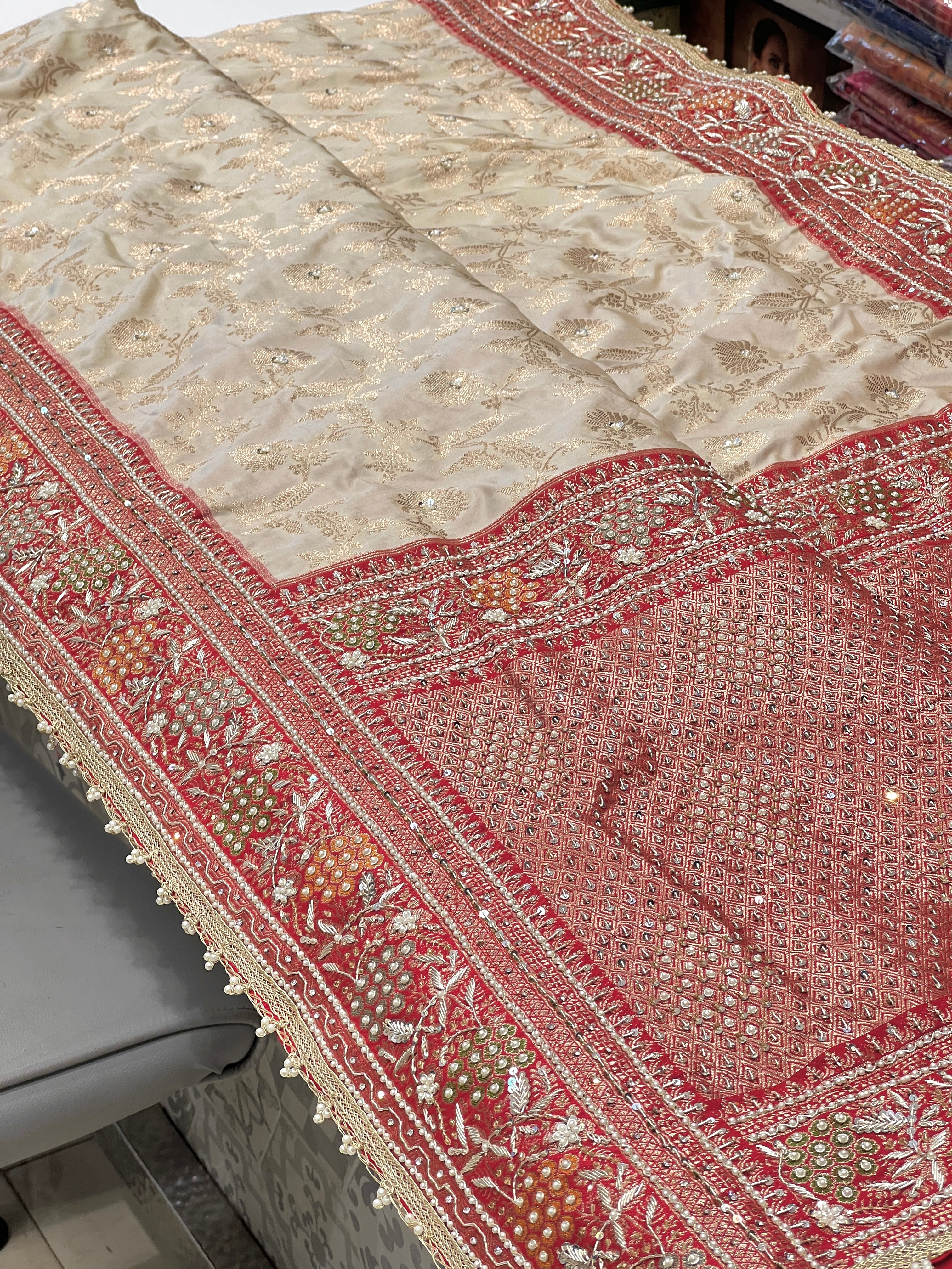 Beige Red Banarasi Hand Embroidery Saree