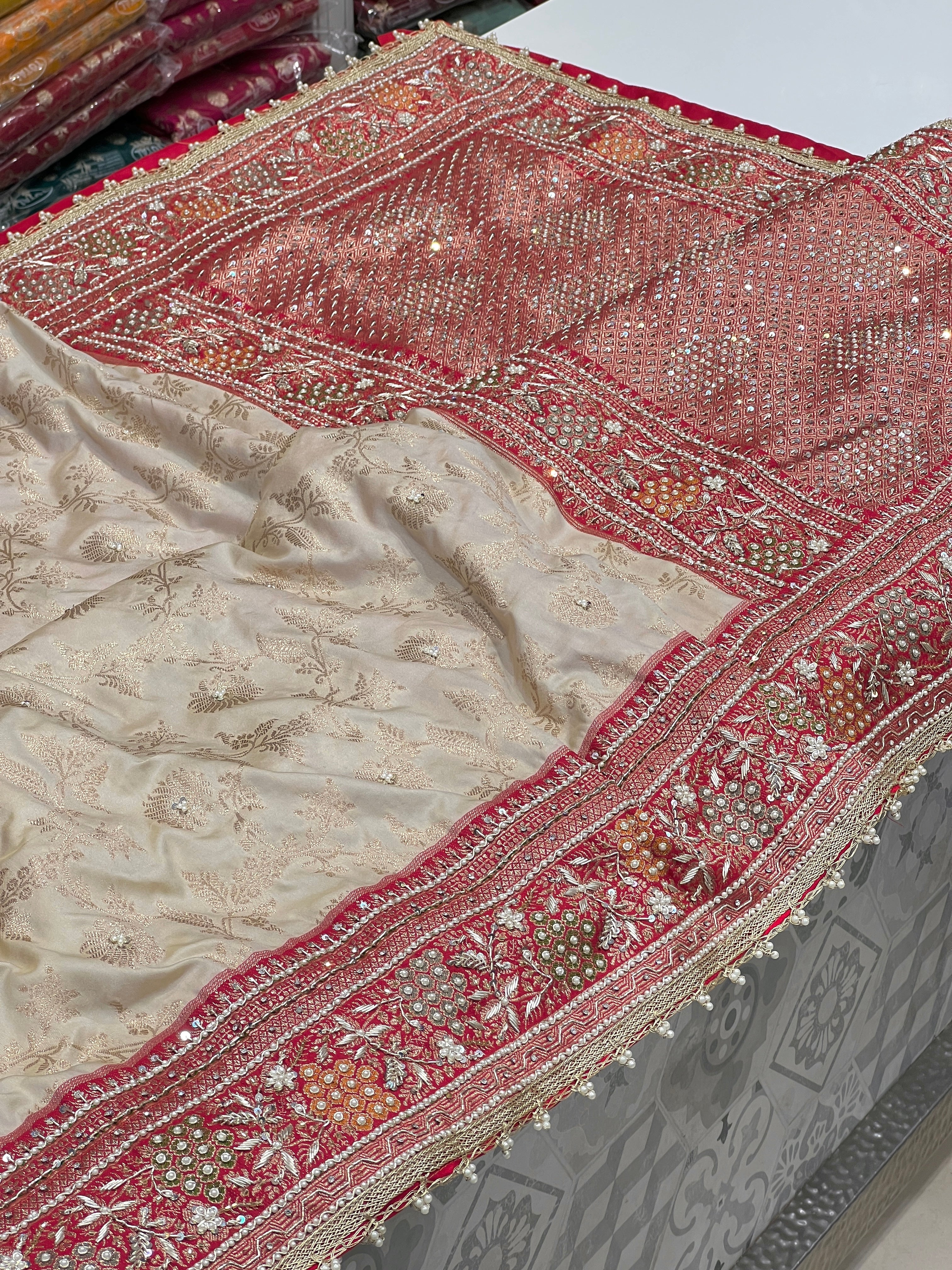 Beige Red Banarasi Hand Embroidery Saree
