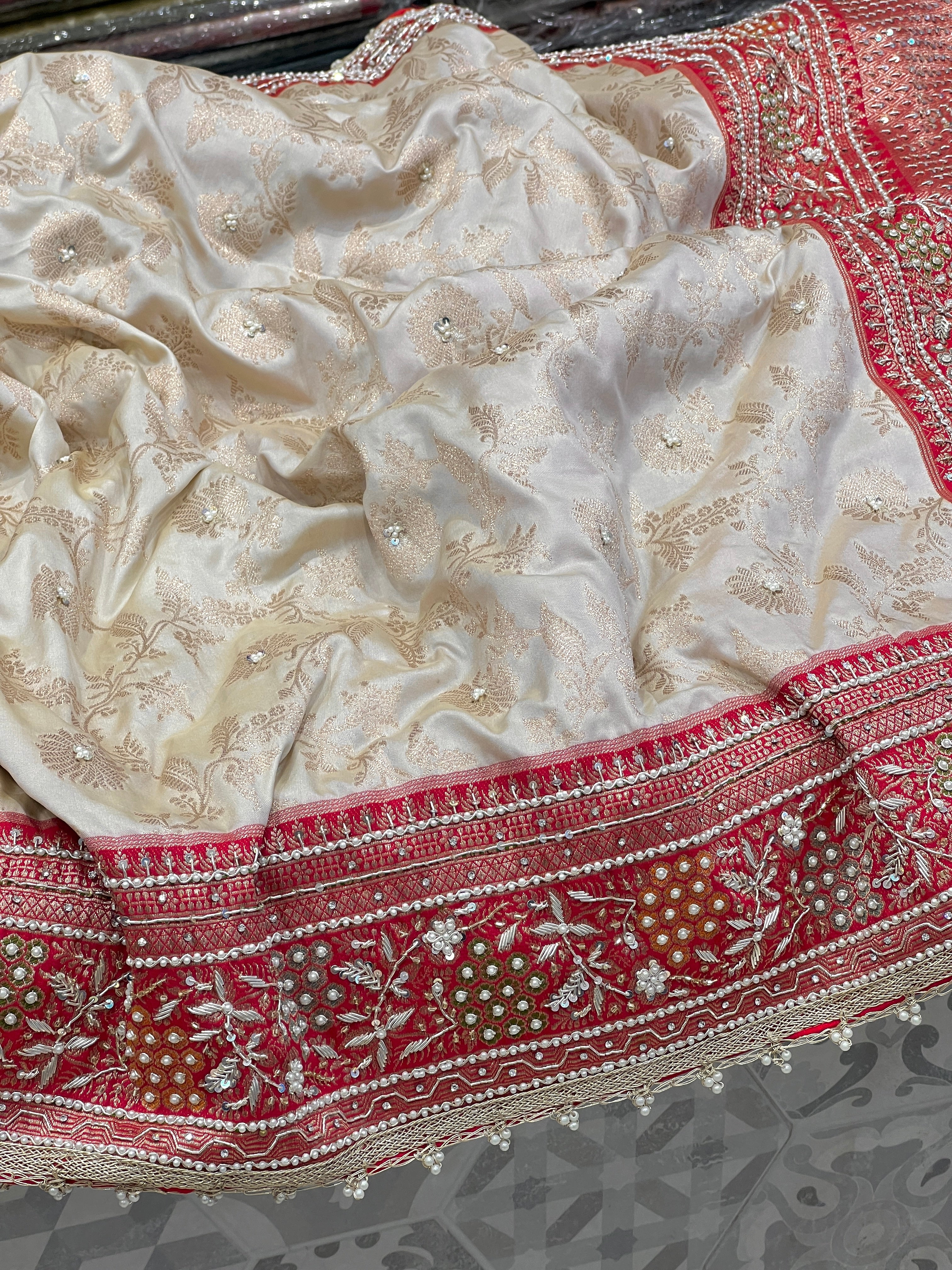 Beige Red Banarasi Hand Embroidery Saree