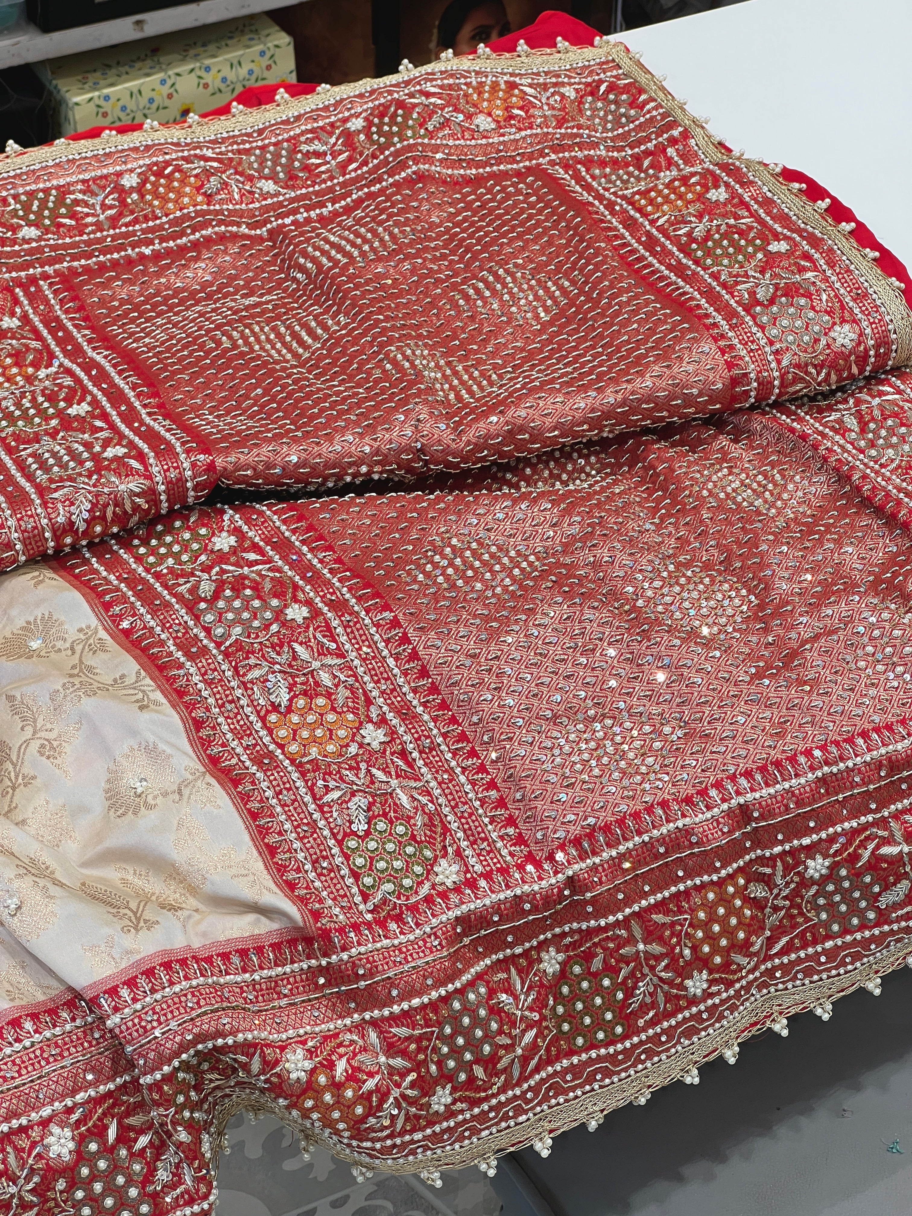 Beige Red Banarasi Hand Embroidery Saree