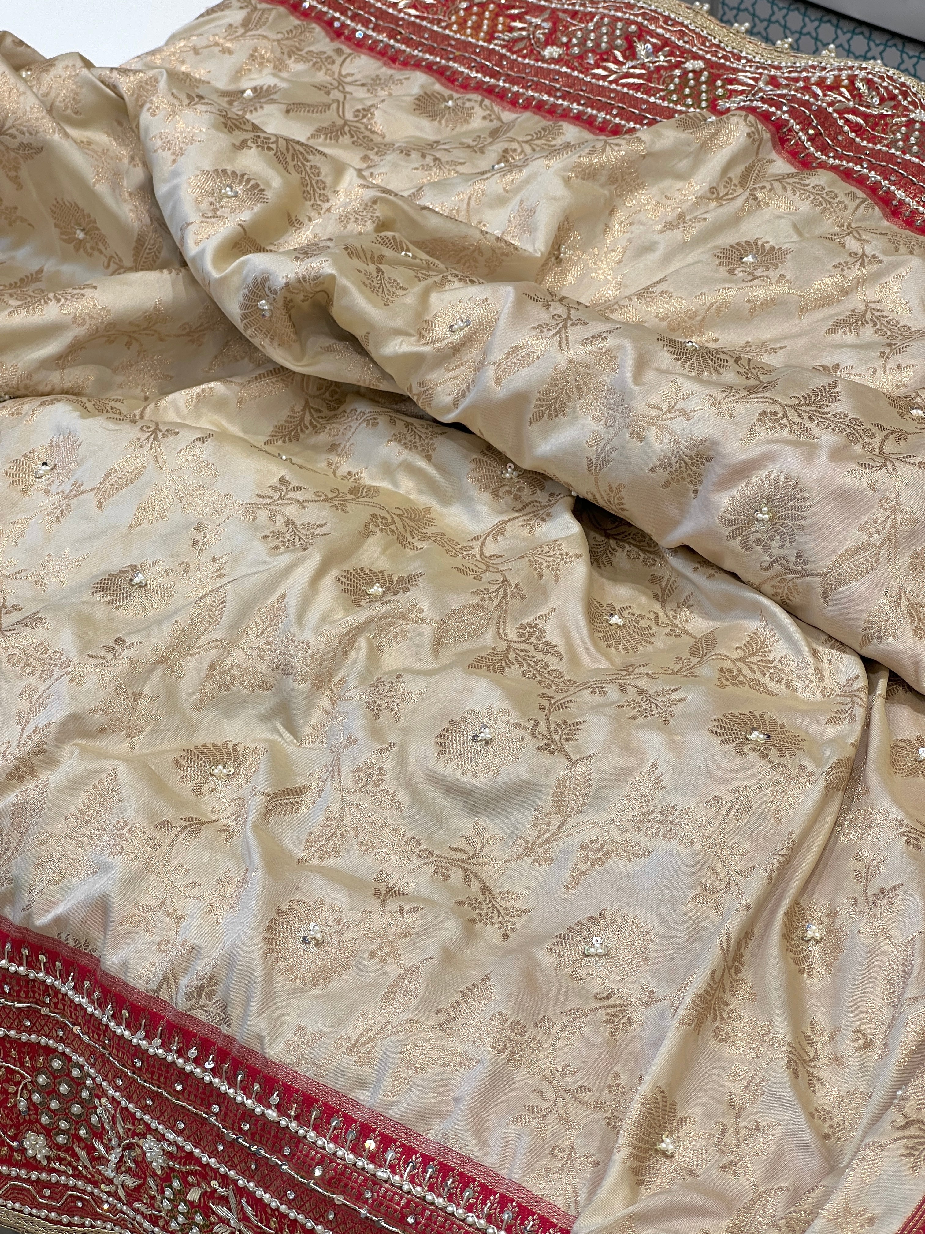 Beige Red Banarasi Hand Embroidery Saree