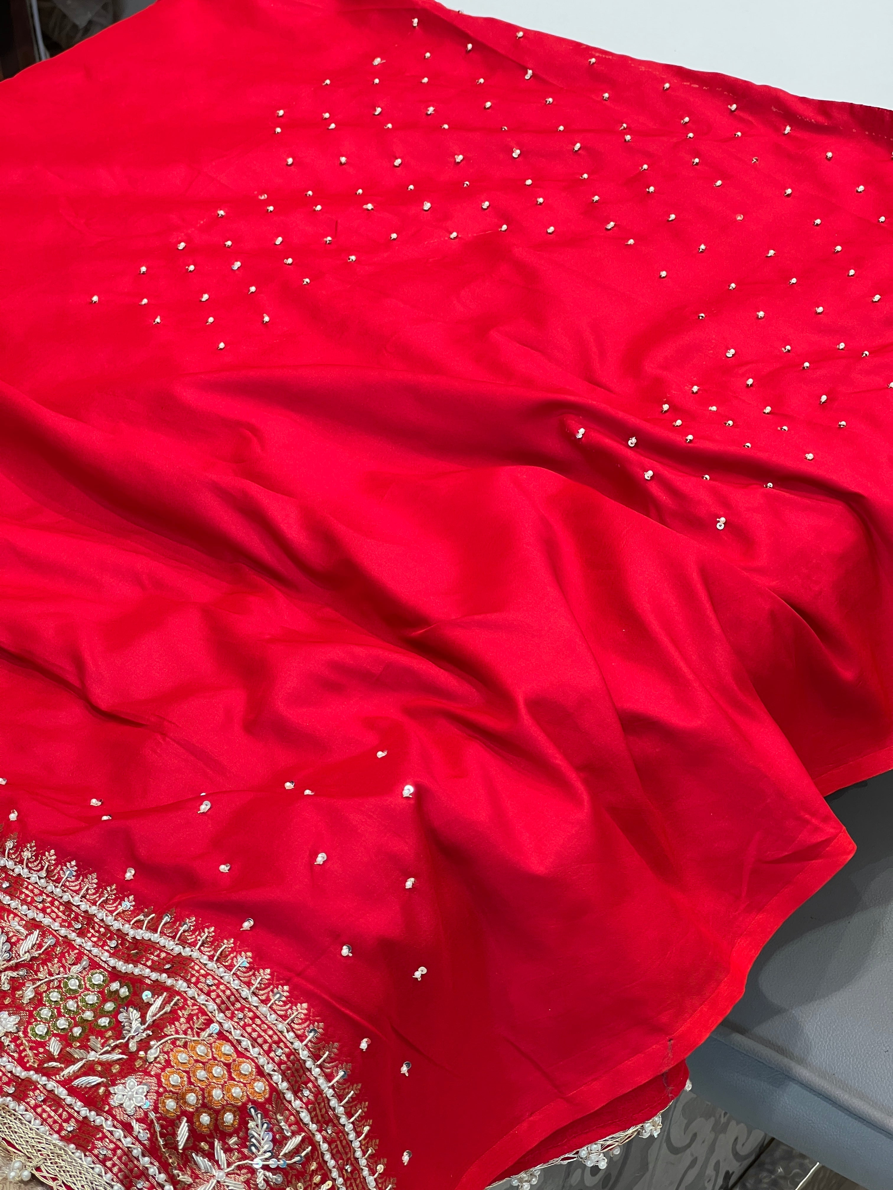 Beige Red Banarasi Hand Embroidery Saree