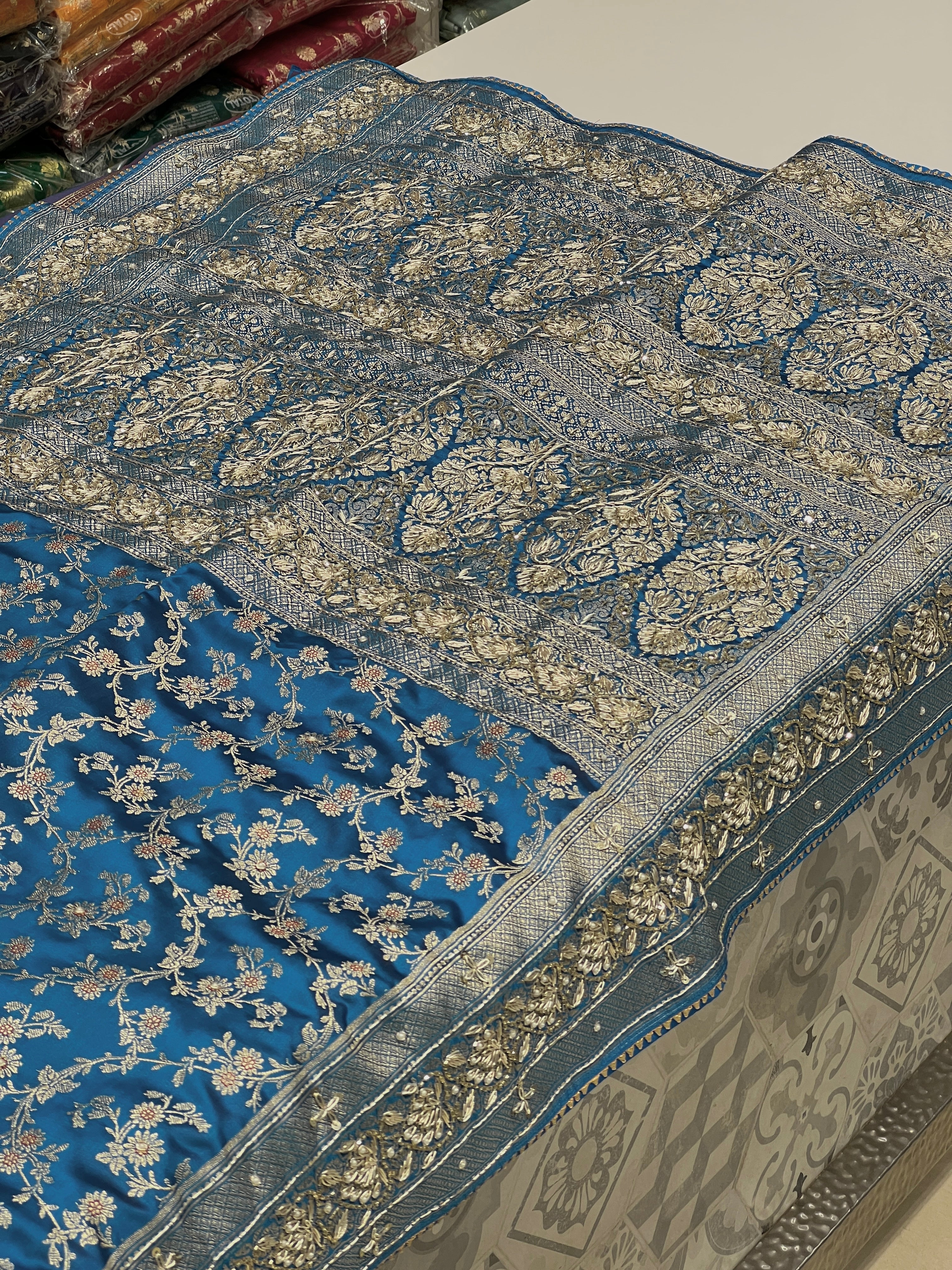 Blue Banarasi Heart Border Hand Embroidery Saree
