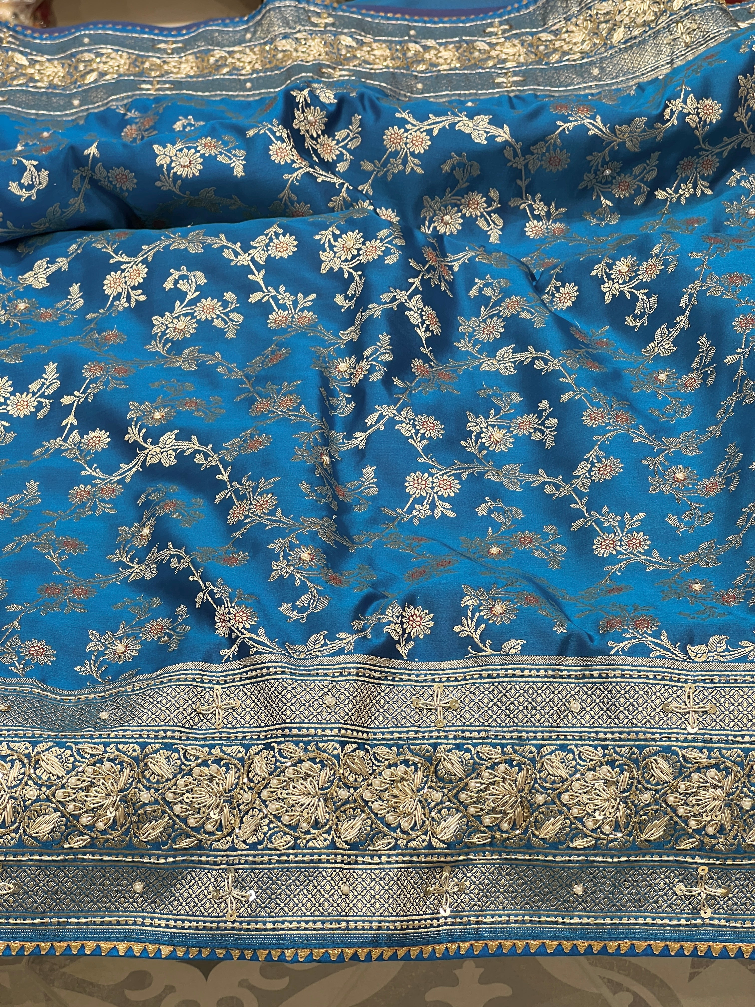 Blue Banarasi Heart Border Hand Embroidery Saree