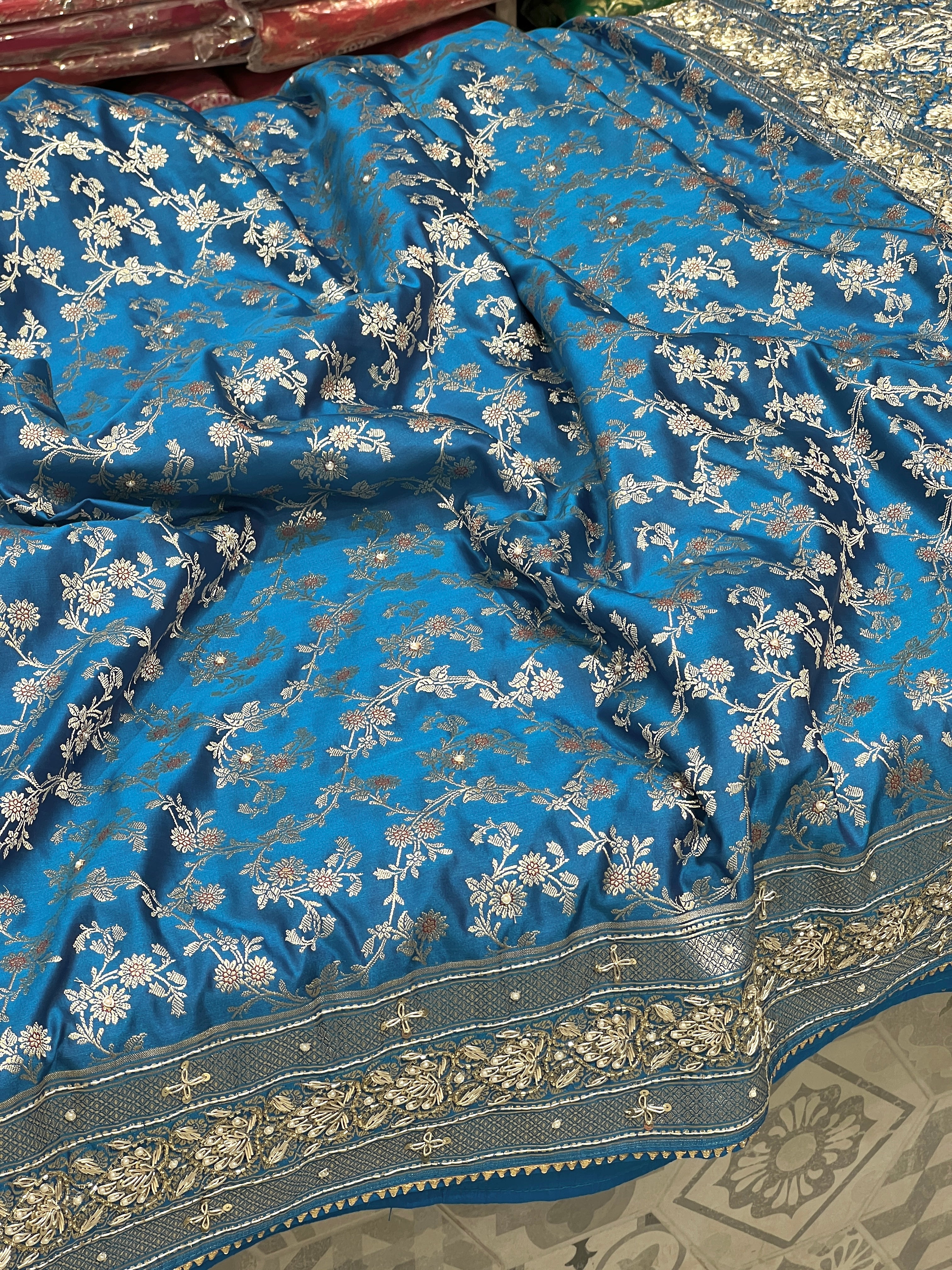 Blue Banarasi Heart Border Hand Embroidery Saree