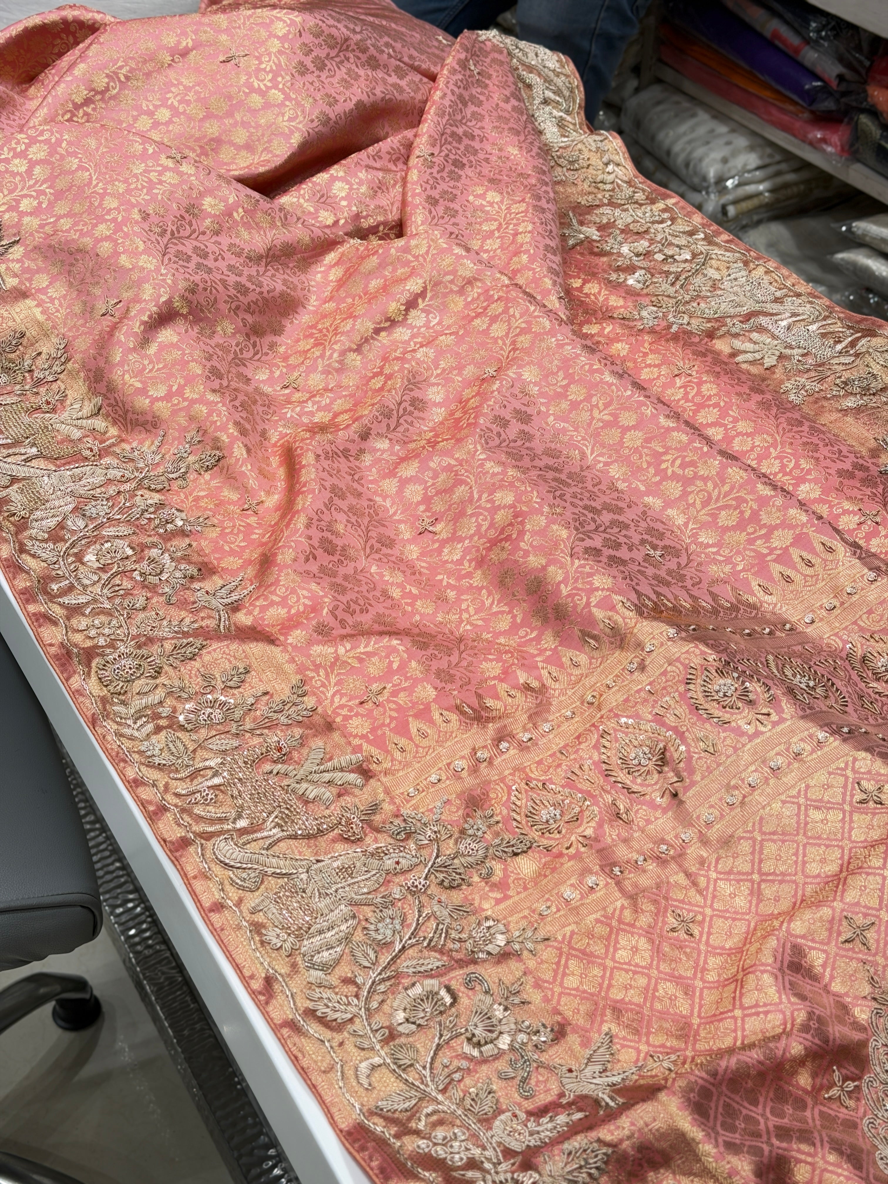 Pink Handloom Silk Kanjivaram Landscape Zardosi Saree