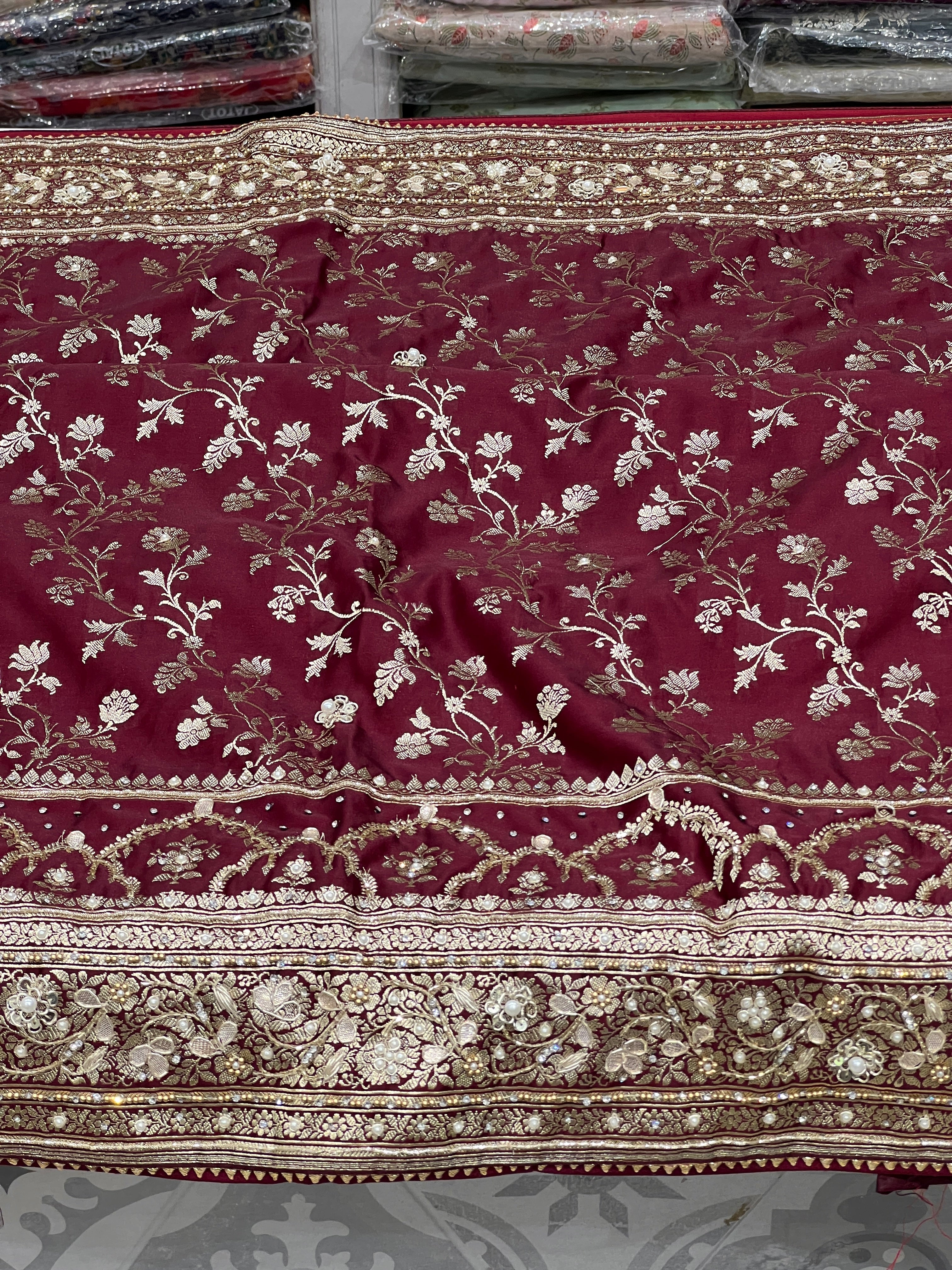 Brown Banarasi Silk Crown Border Hand Embroidery Saree