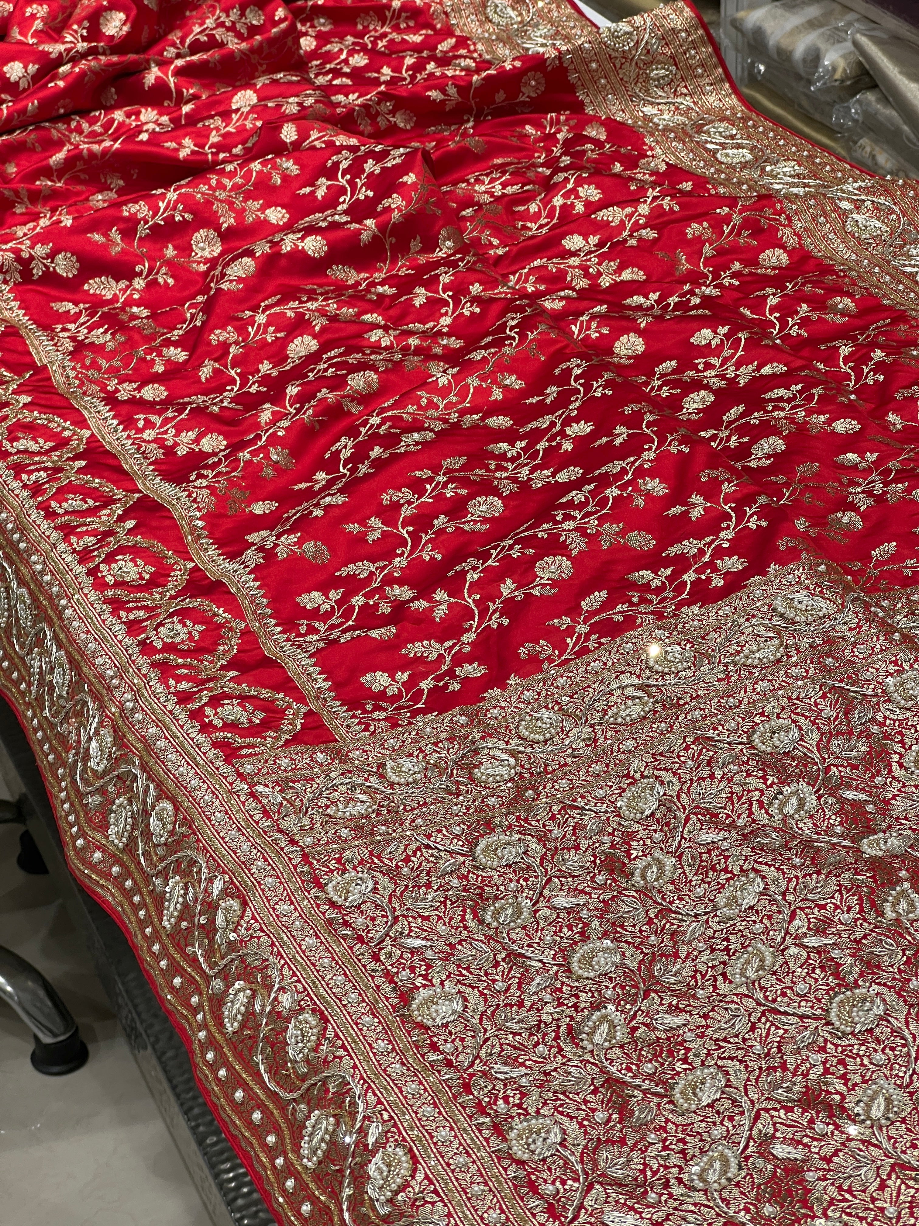 Red Banarasi Crown Border Moti Zardozi Hand Embroidery Saree