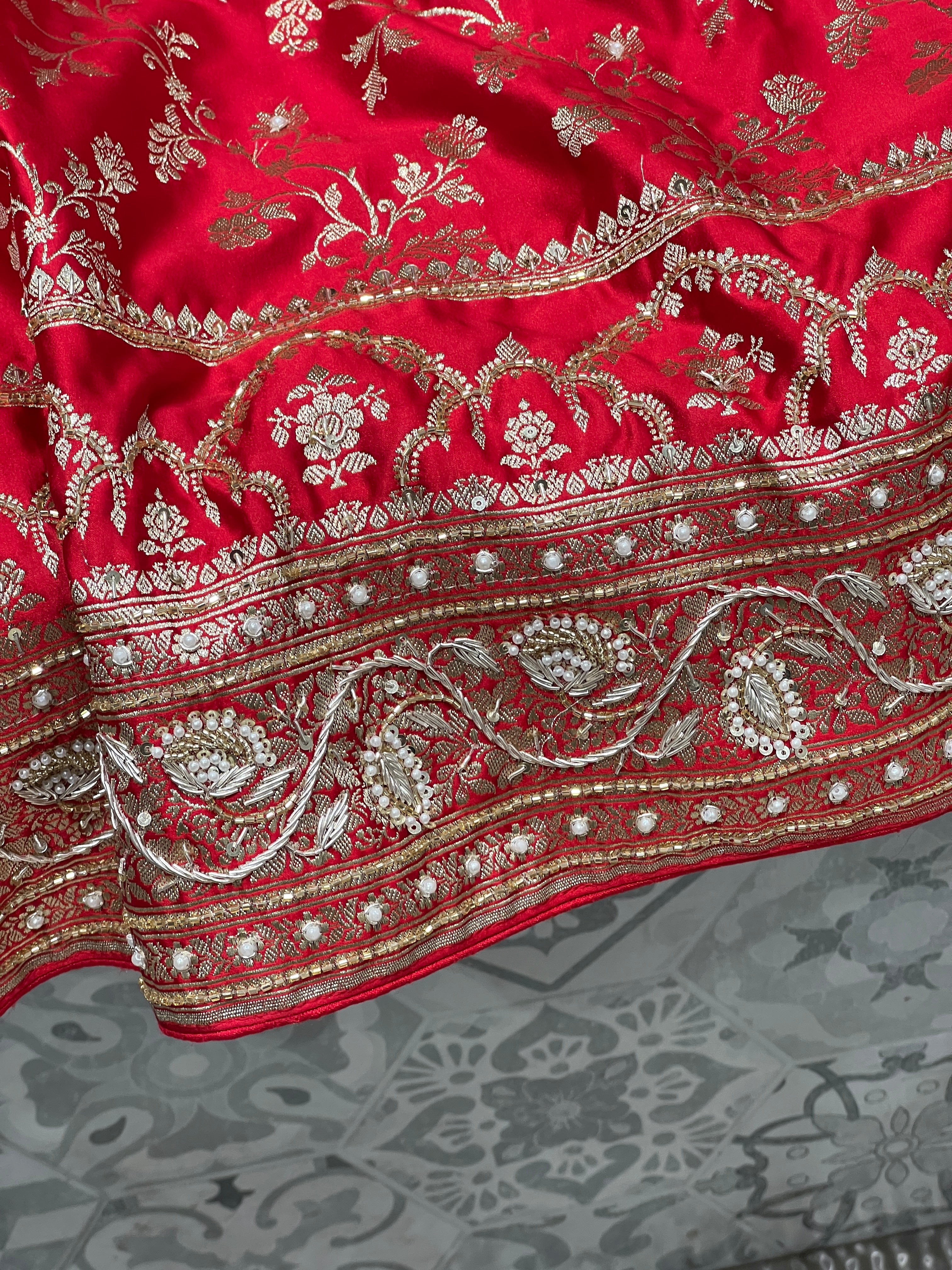 Red Banarasi Crown Border Moti Zardozi Hand Embroidery Saree