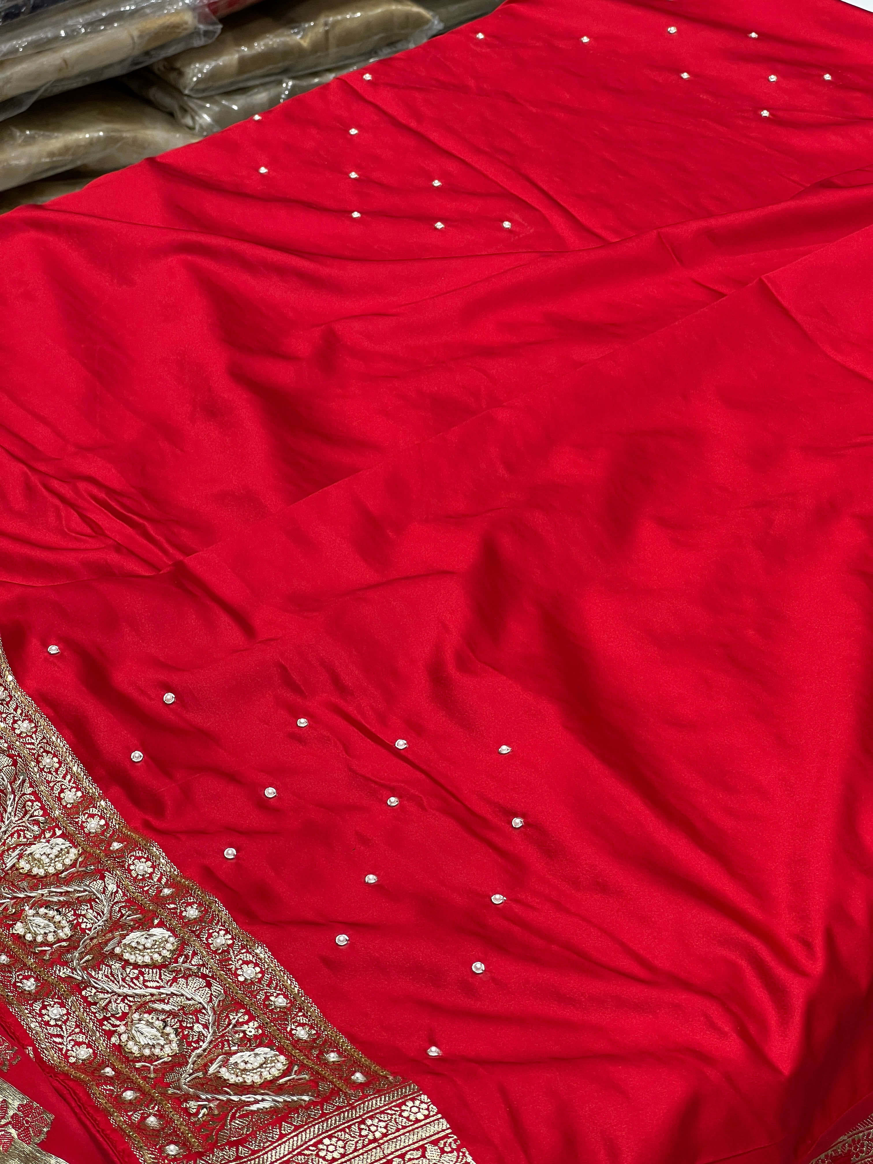 Red Banarasi Crown Border Moti Zardozi Hand Embroidery Saree