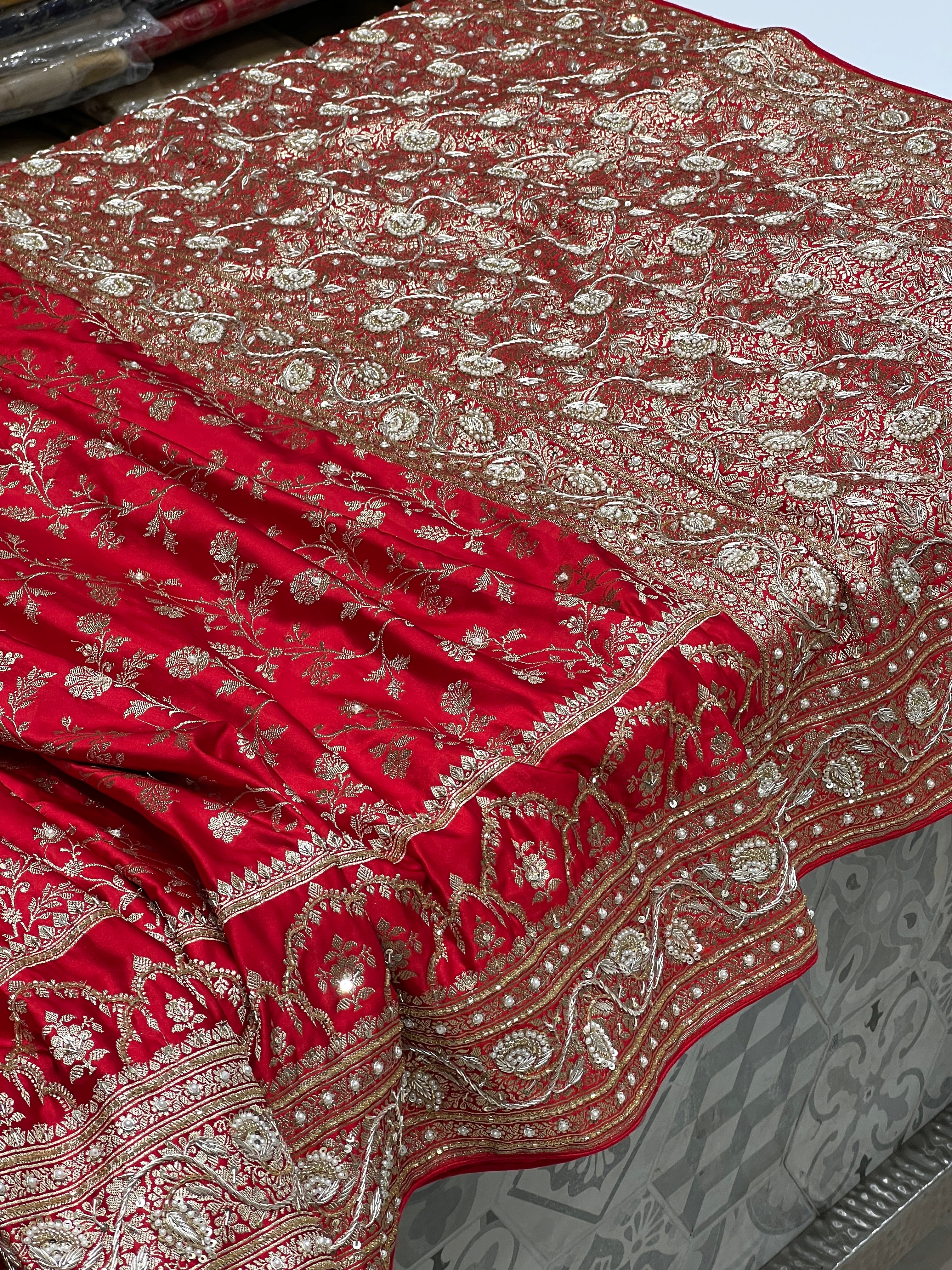 Red Banarasi Crown Border Moti Zardozi Hand Embroidery Saree