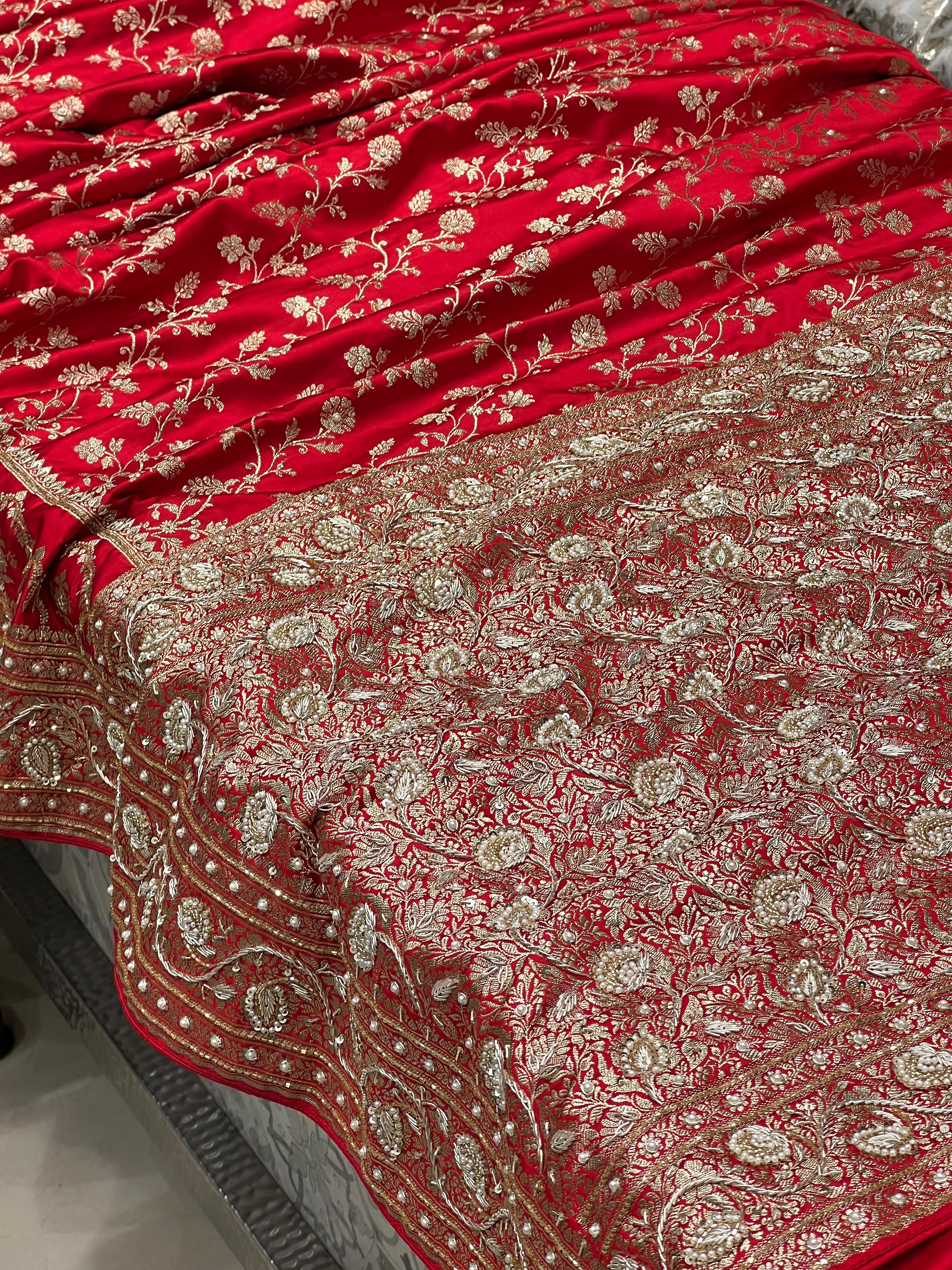 Red Banarasi Crown Border Moti Zardozi Hand Embroidery Saree