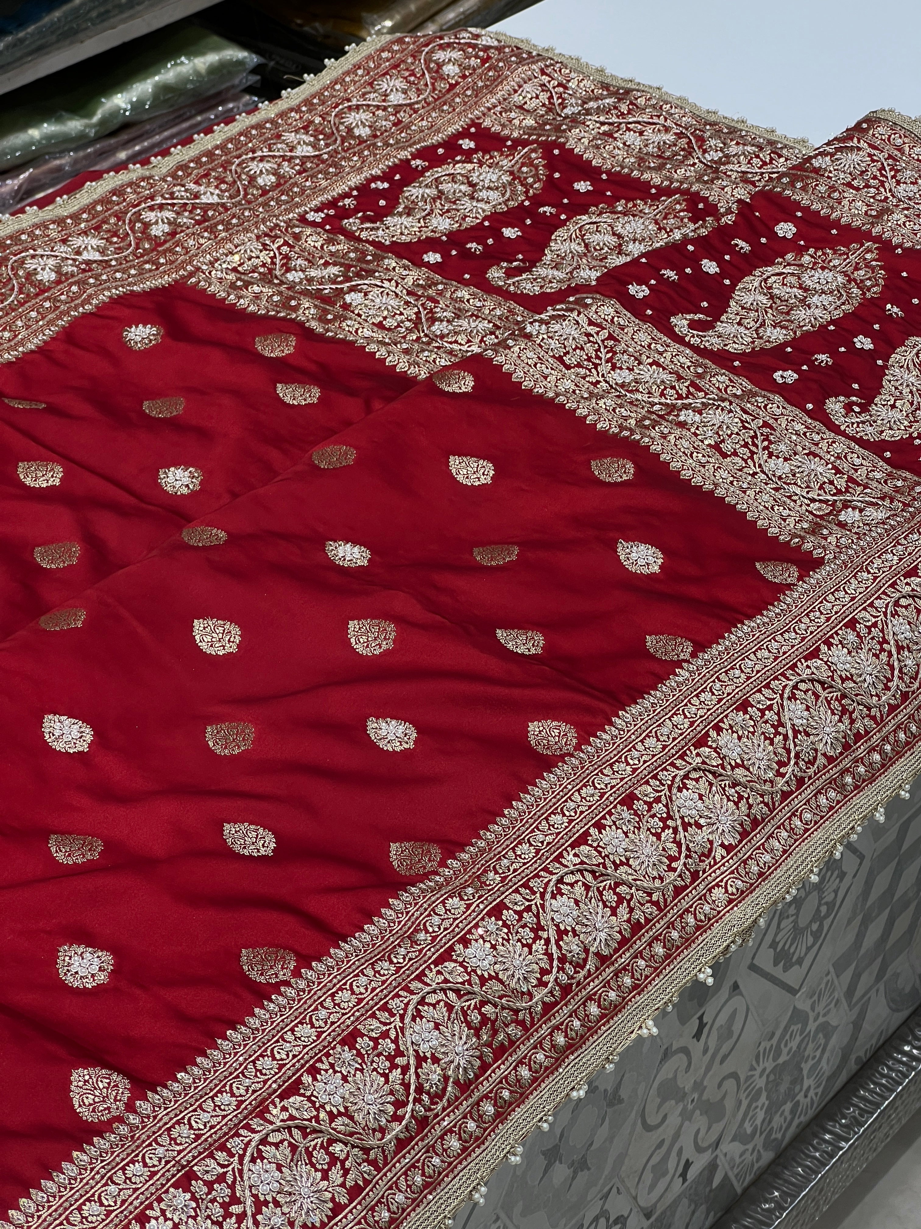 Maroon Banarasi Hand Embroidered Zardozi Saree