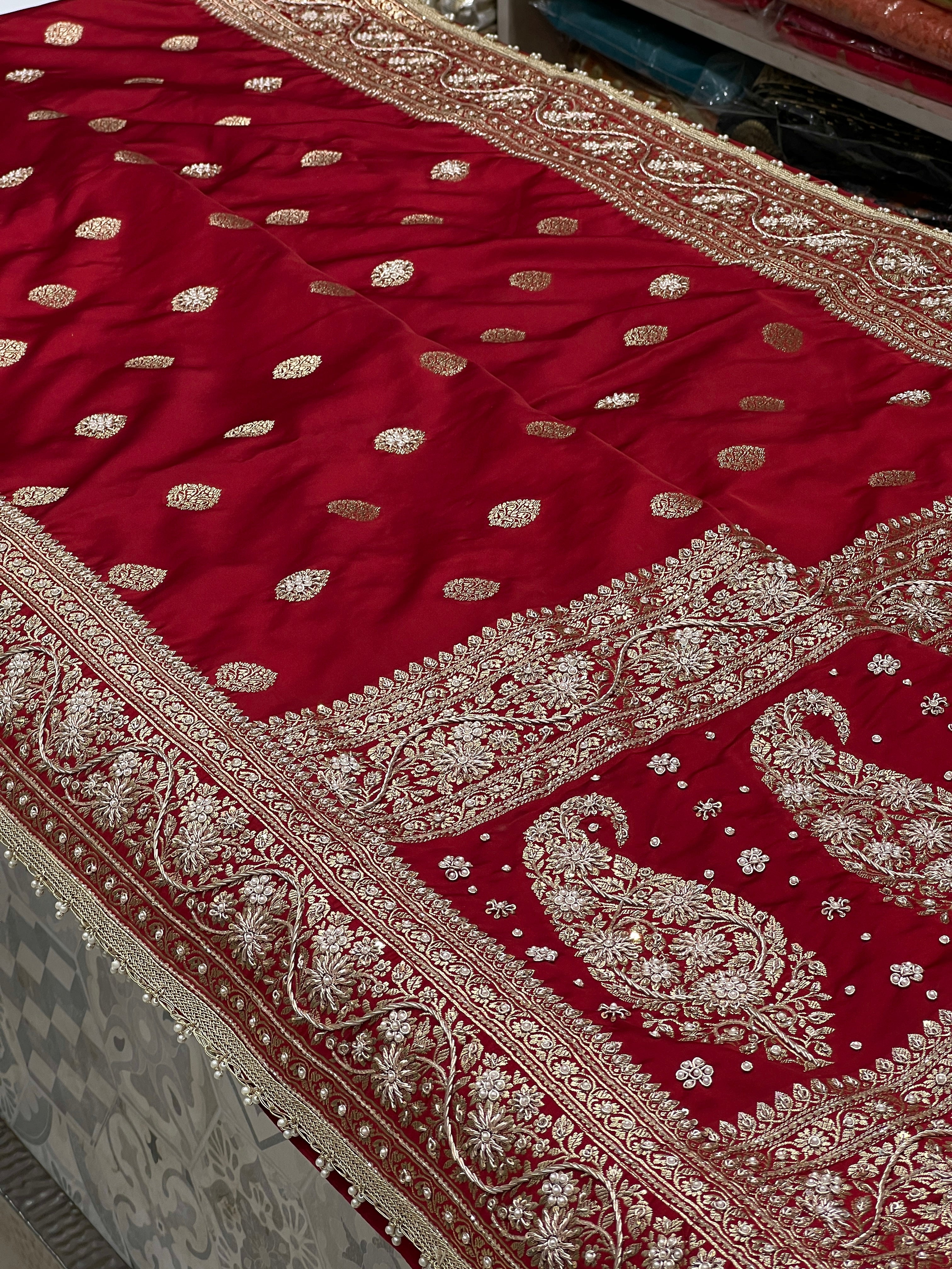 Maroon Banarasi Hand Embroidered Zardozi Saree