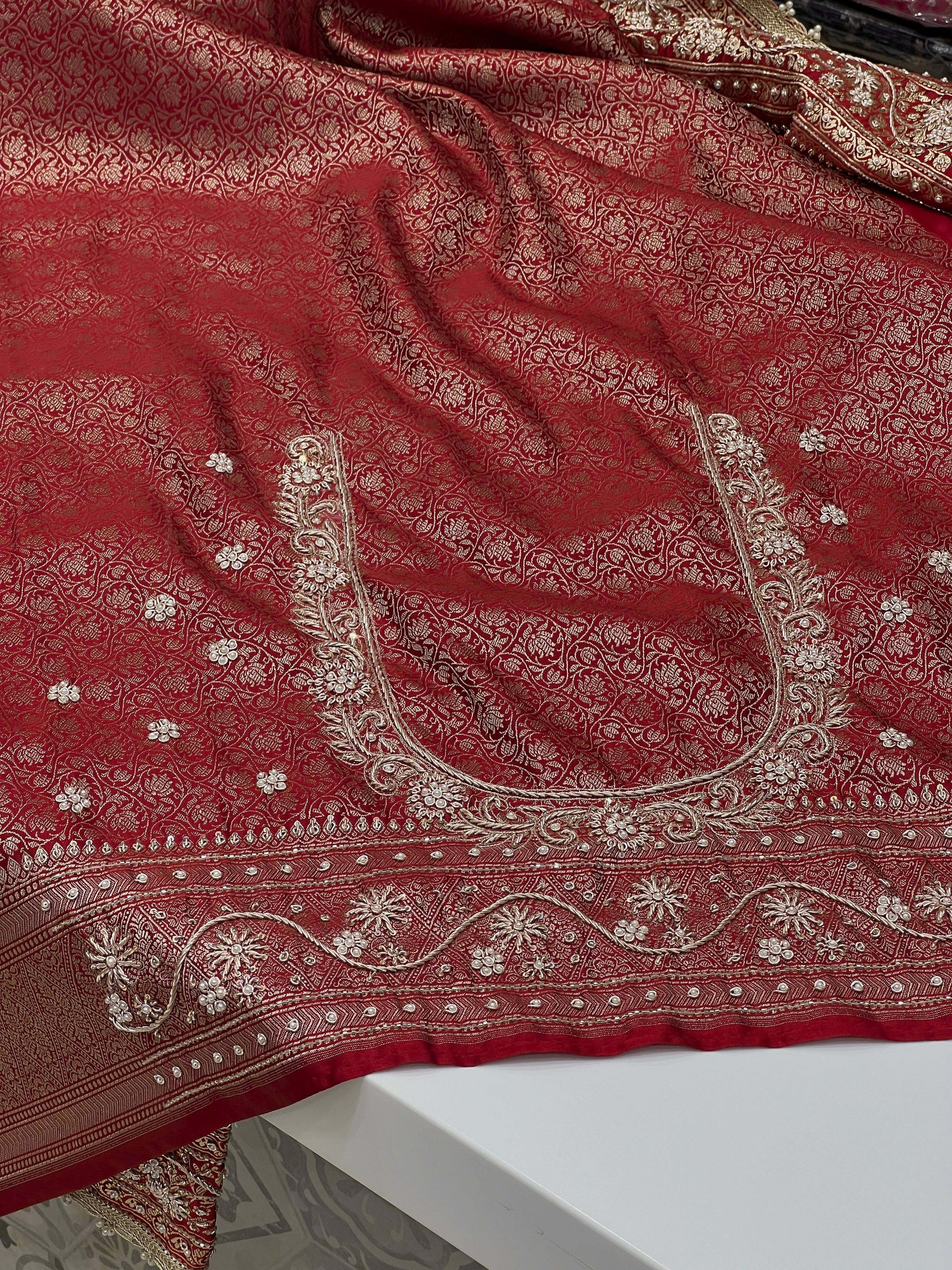 Maroon Banarasi Hand Embroidered Zardozi Saree