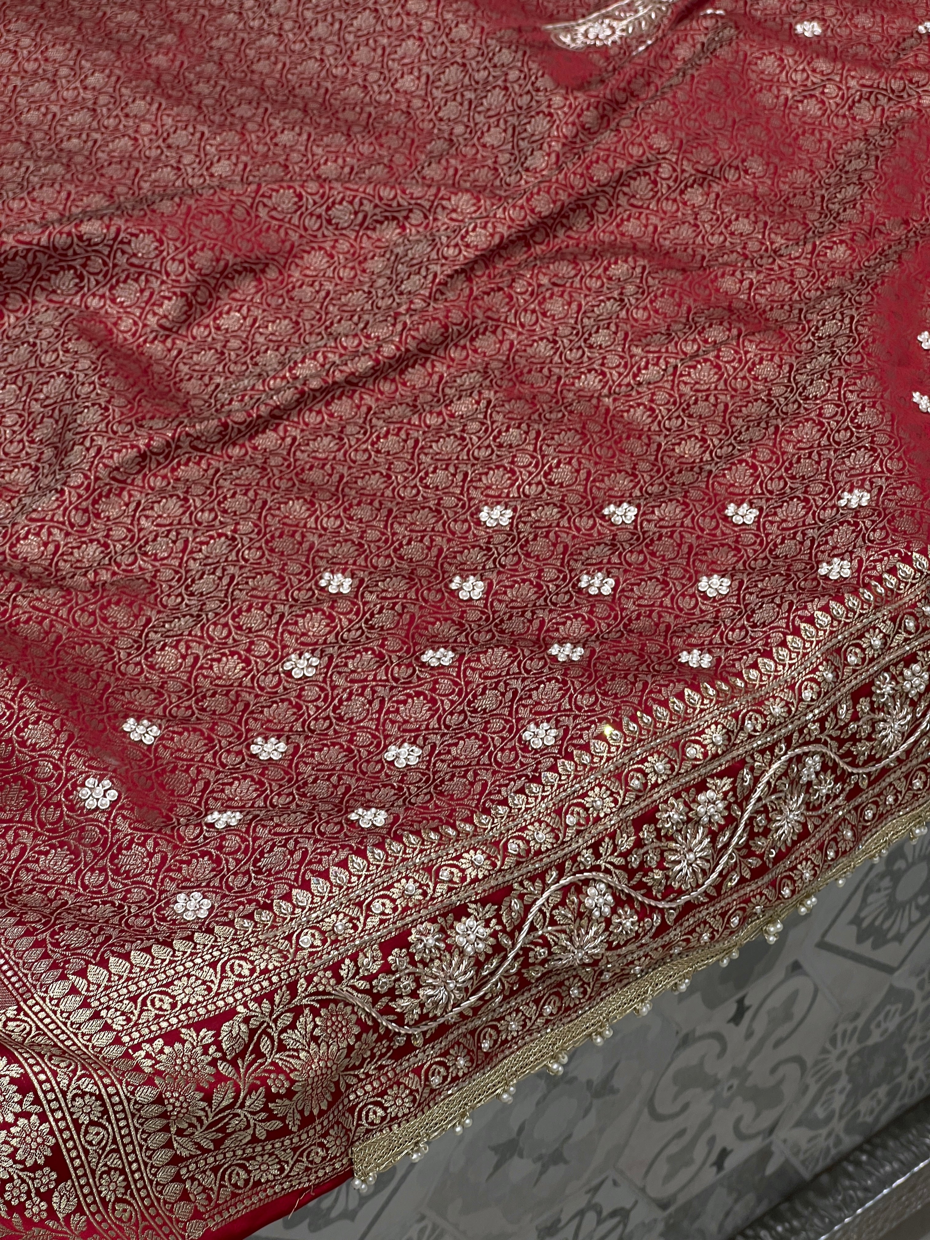 Maroon Banarasi Hand Embroidered Zardozi Saree