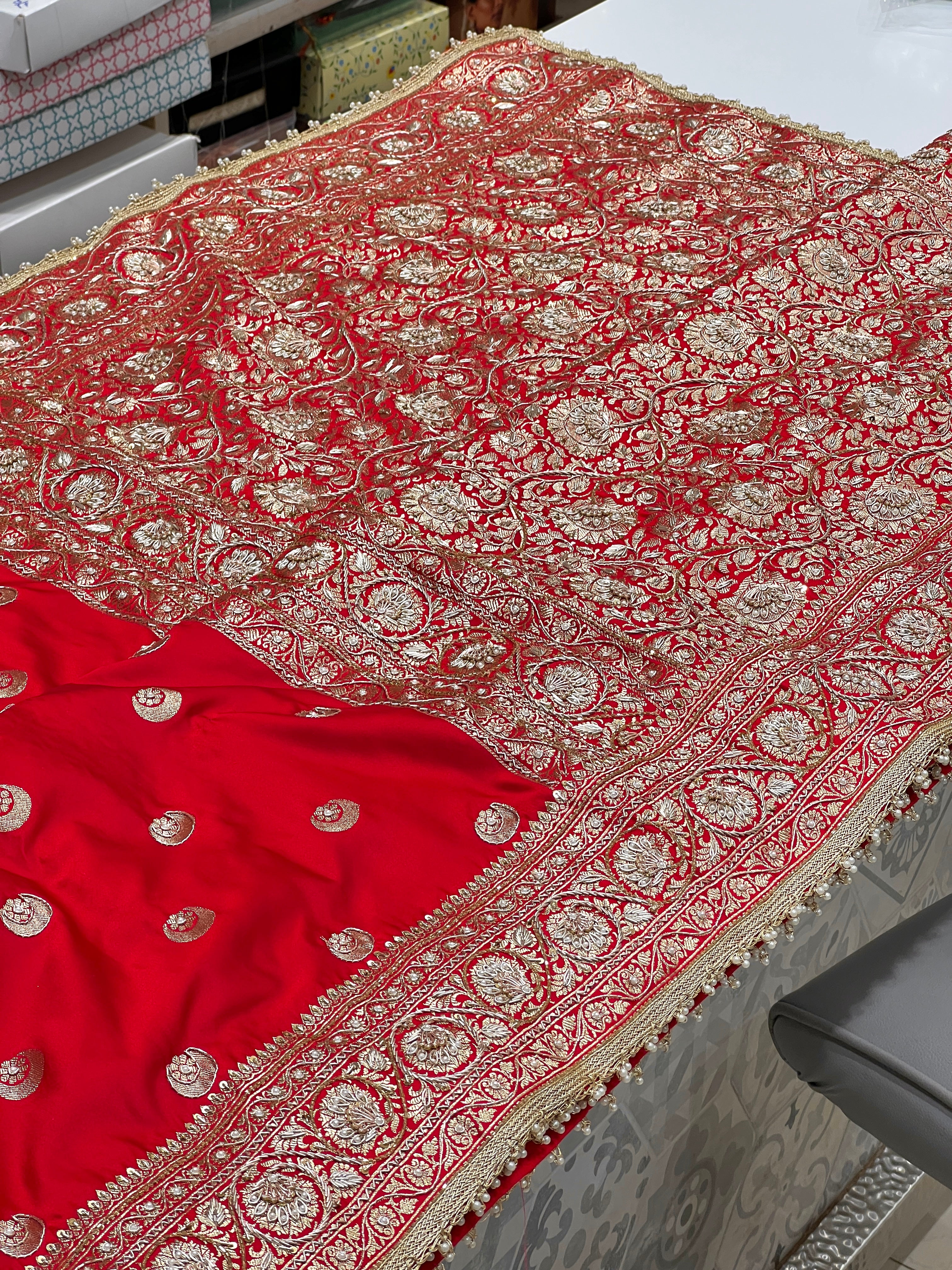 Red Chand Butti Zardozi Hand Embroidery Saree