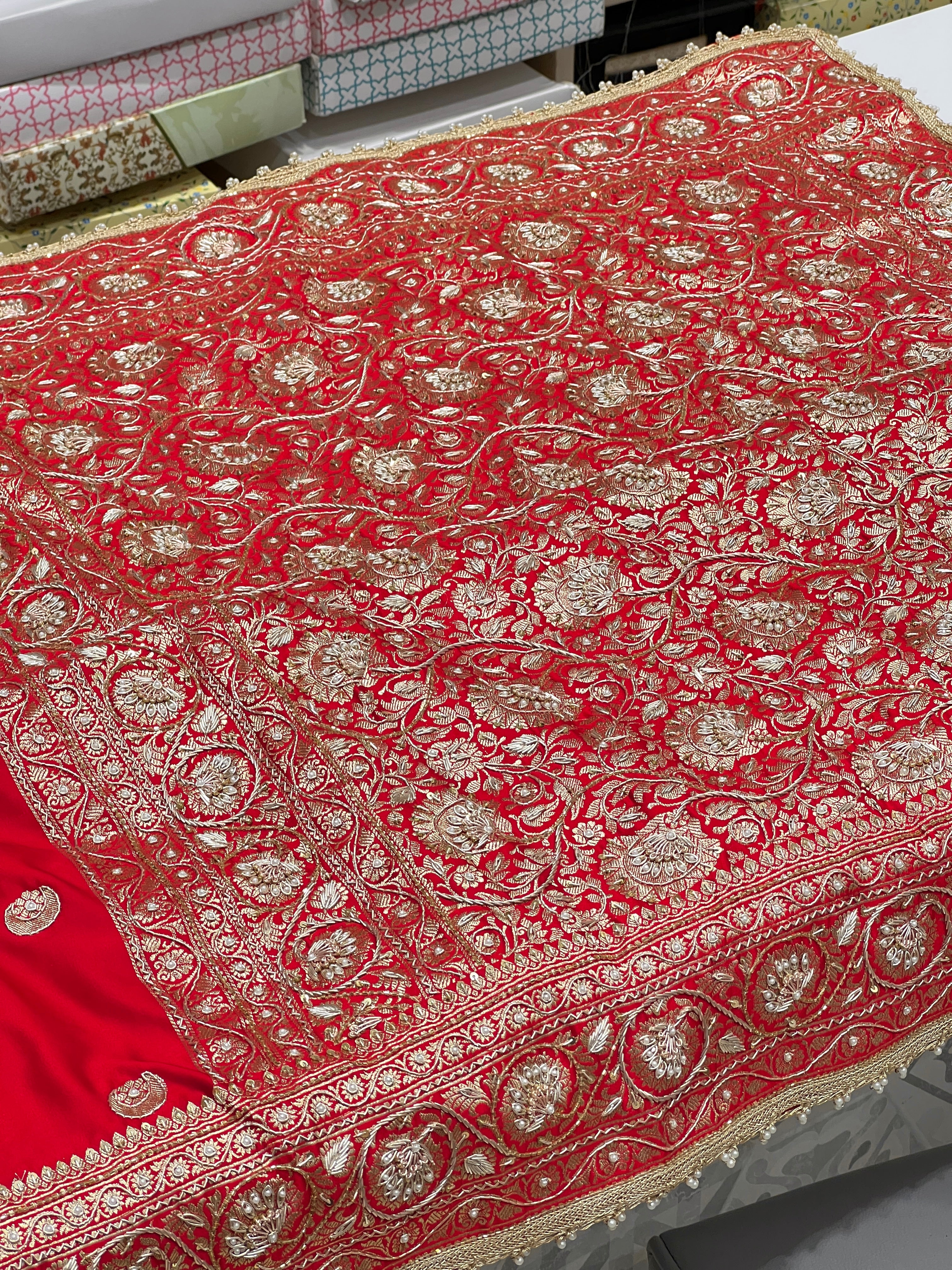 Red Chand Butti Zardozi Hand Embroidery Saree