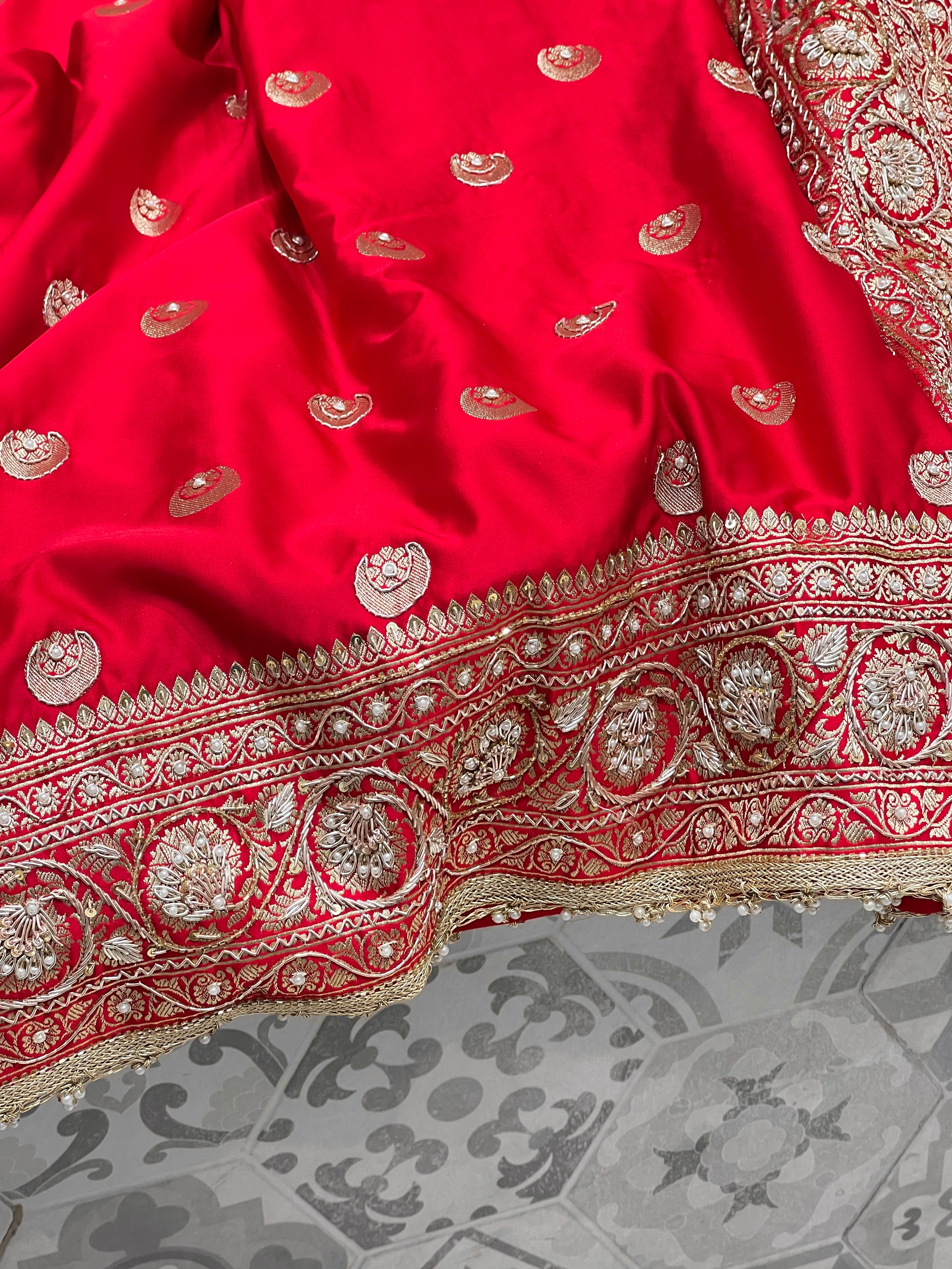 Red Chand Butti Zardozi Hand Embroidery Saree