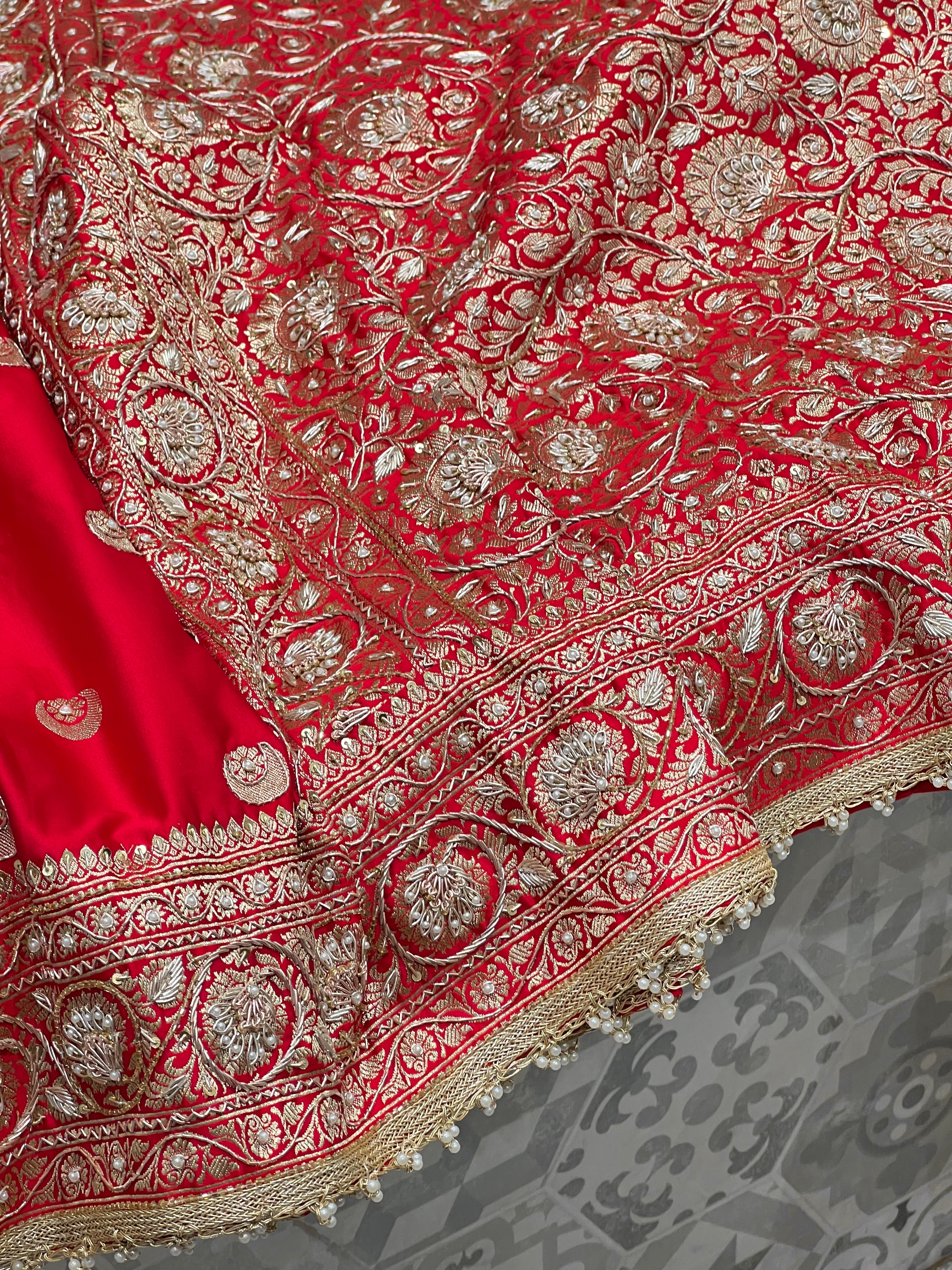Red Chand Butti Zardozi Hand Embroidery Saree