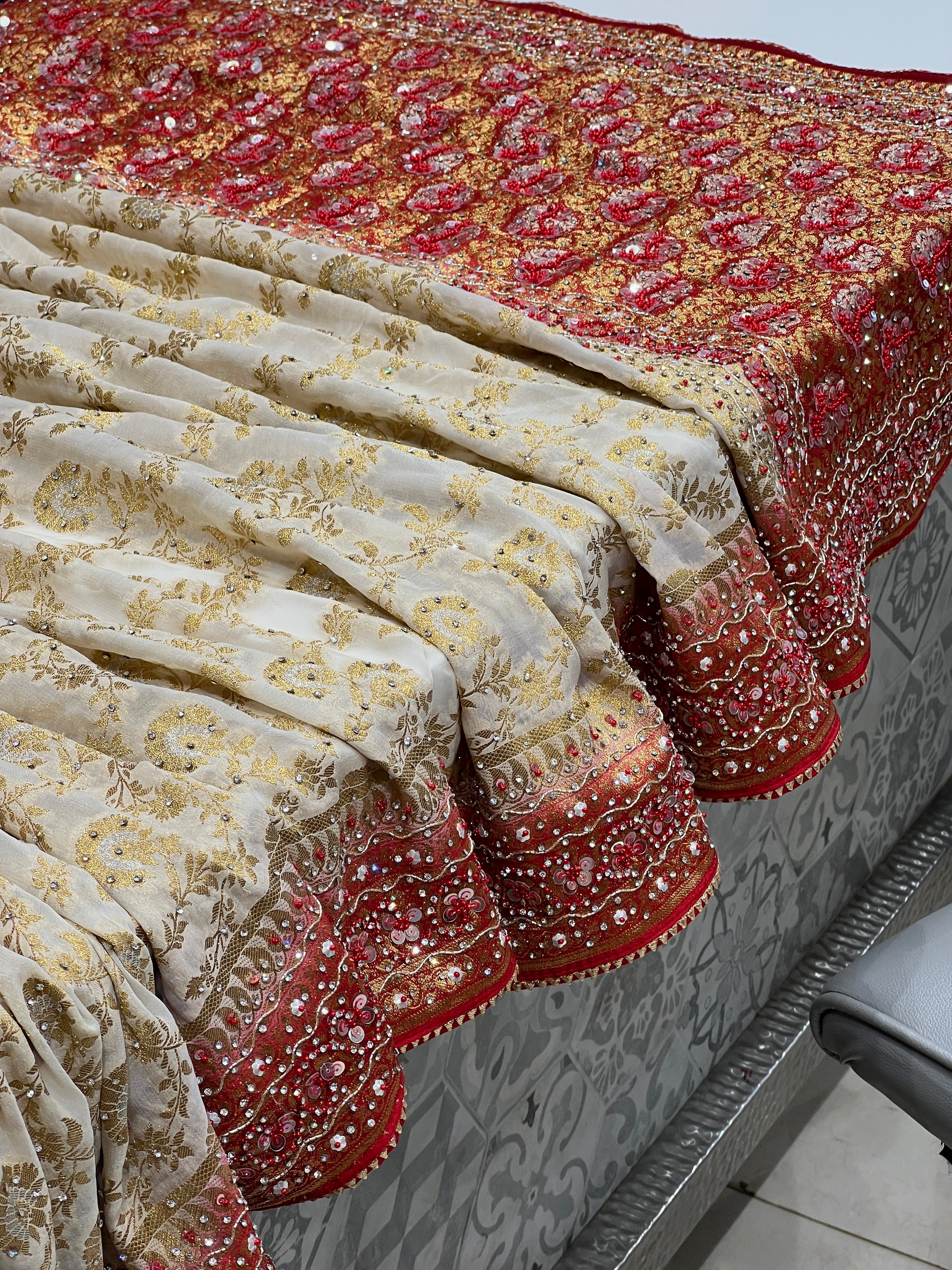 Beige Red Khaddi Georgette Hand Embroidery Saree