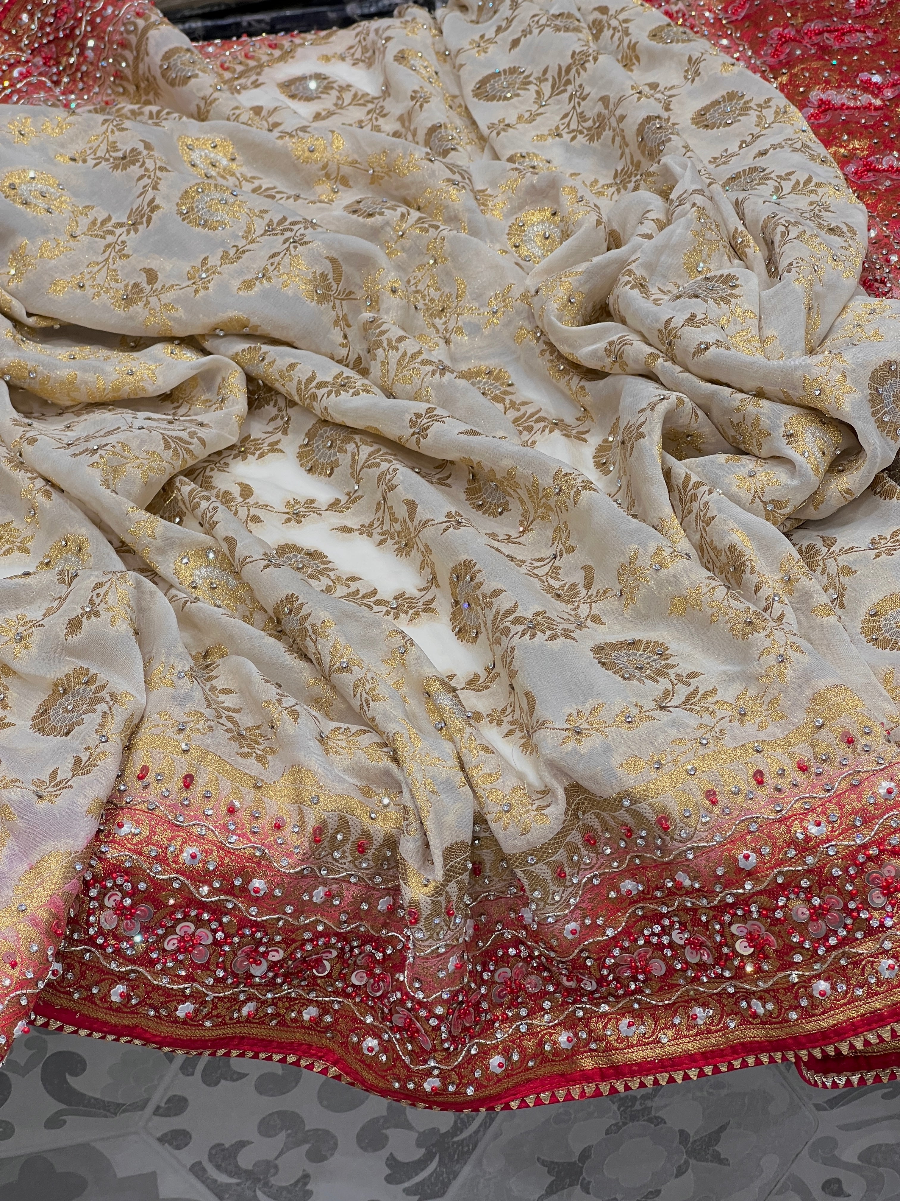 Beige Red Khaddi Georgette Hand Embroidery Saree