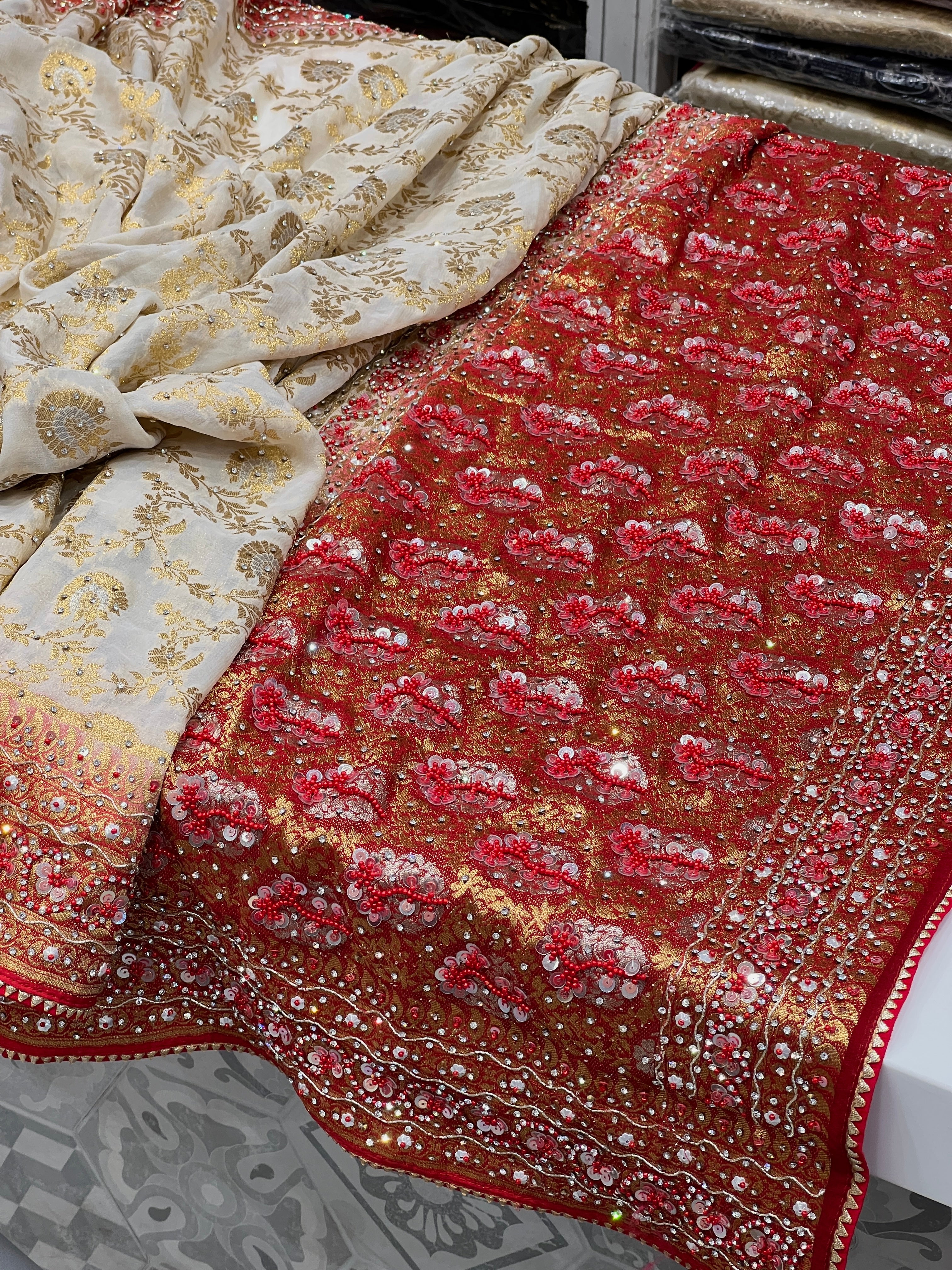 Beige Red Khaddi Georgette Hand Embroidery Saree