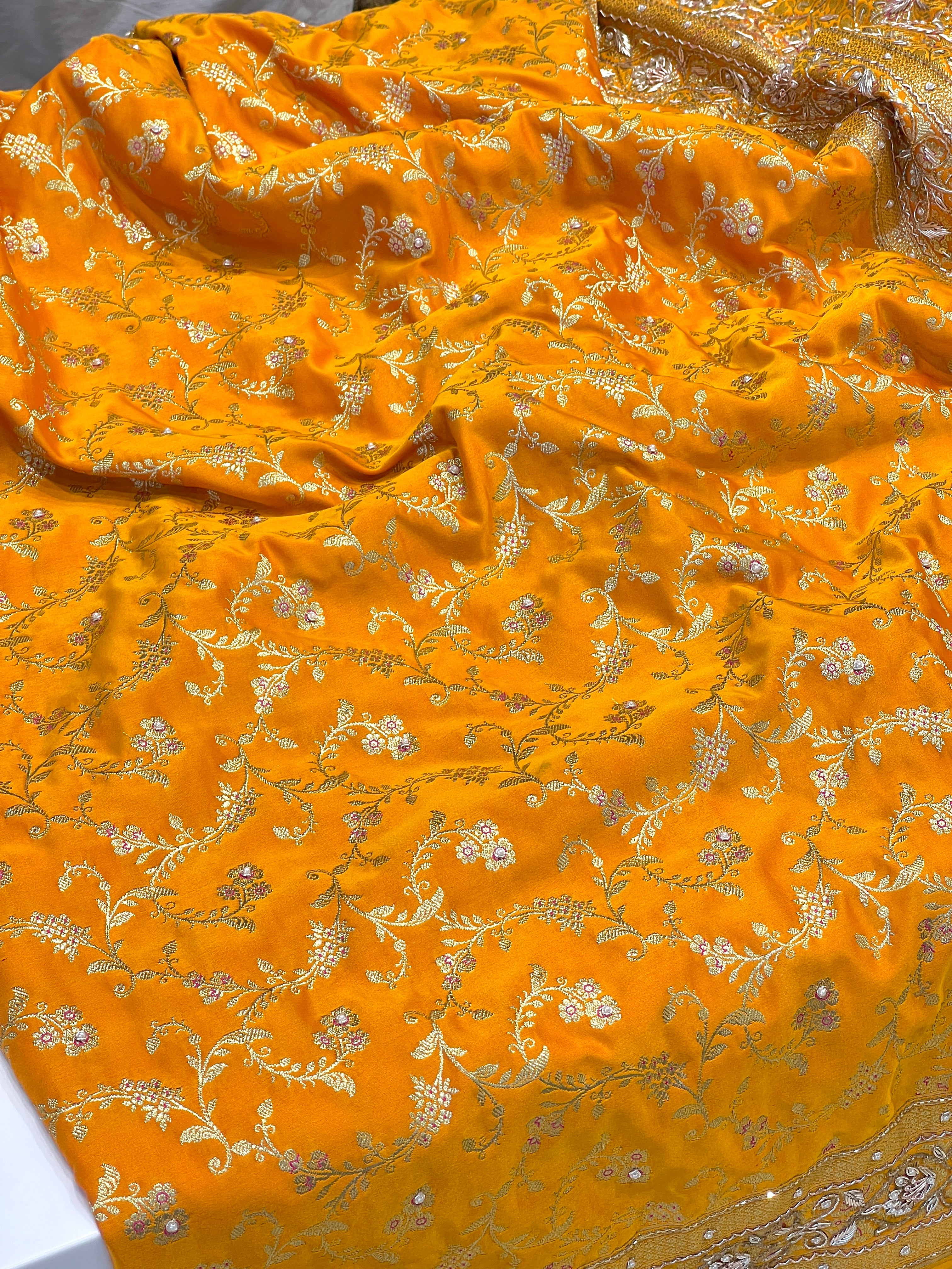 Mango Yellow Banarasi Floral Hand Embroidery Saree