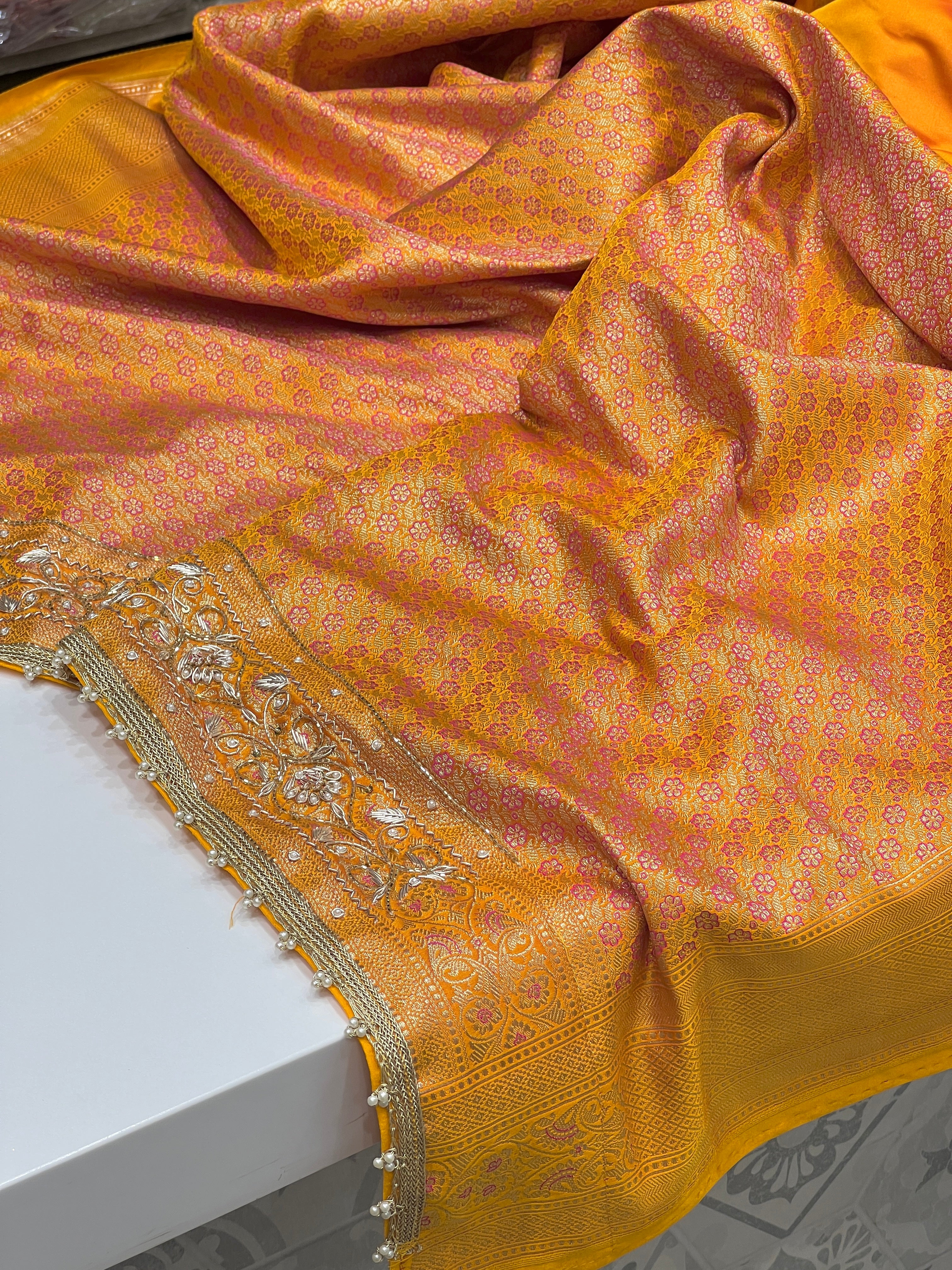 Mango Yellow Banarasi Floral Hand Embroidery Saree
